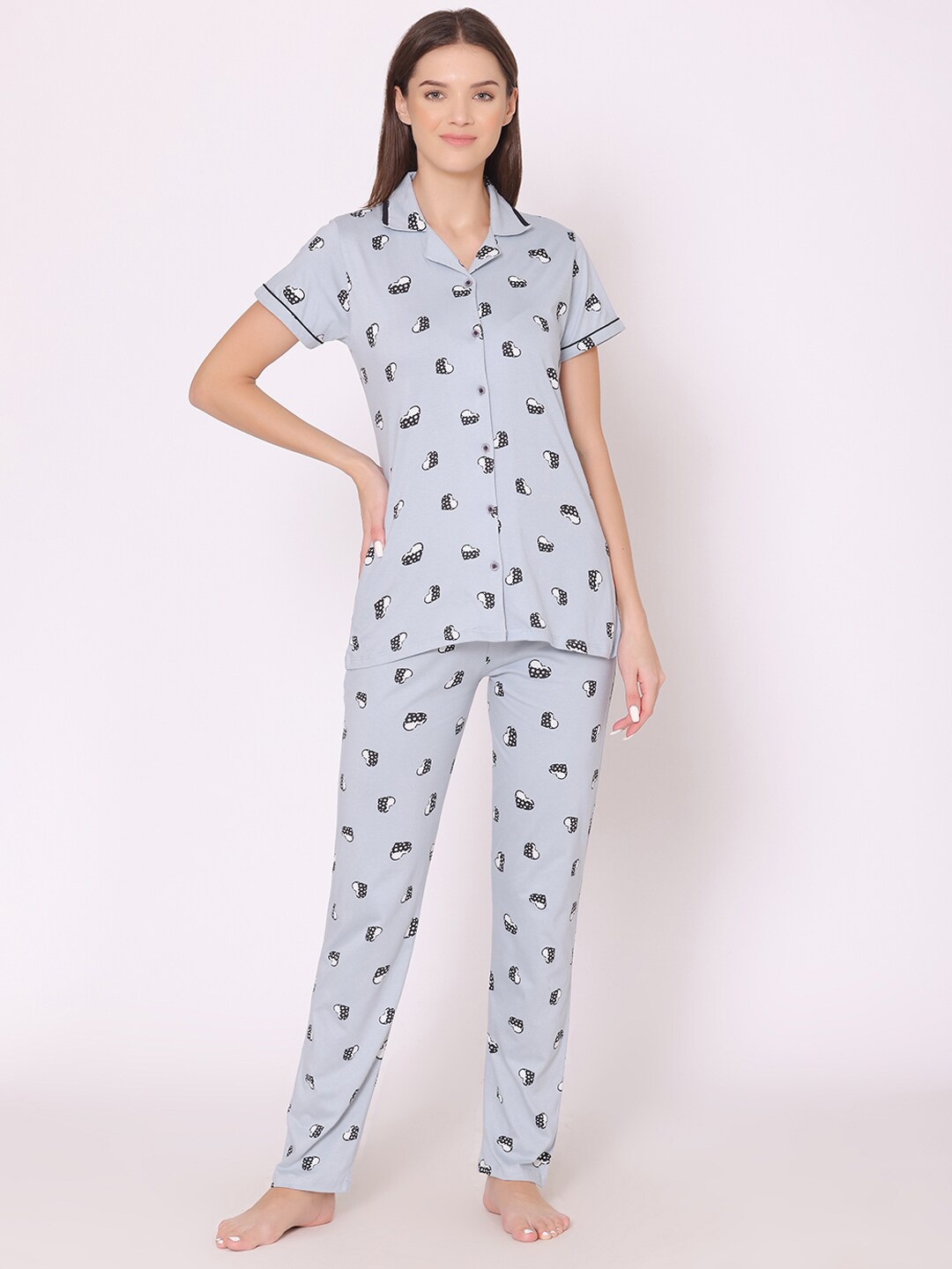 

Bodycare Women Plus Size Printed Pure Cotton Night suit, Grey
