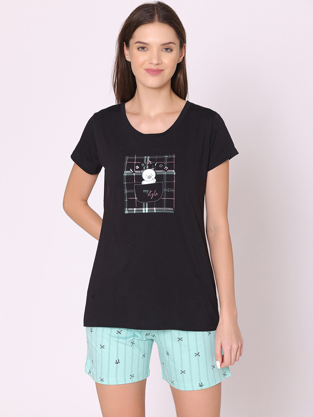 

Bodycare Women Printed Pure Cotton Night suit, Black