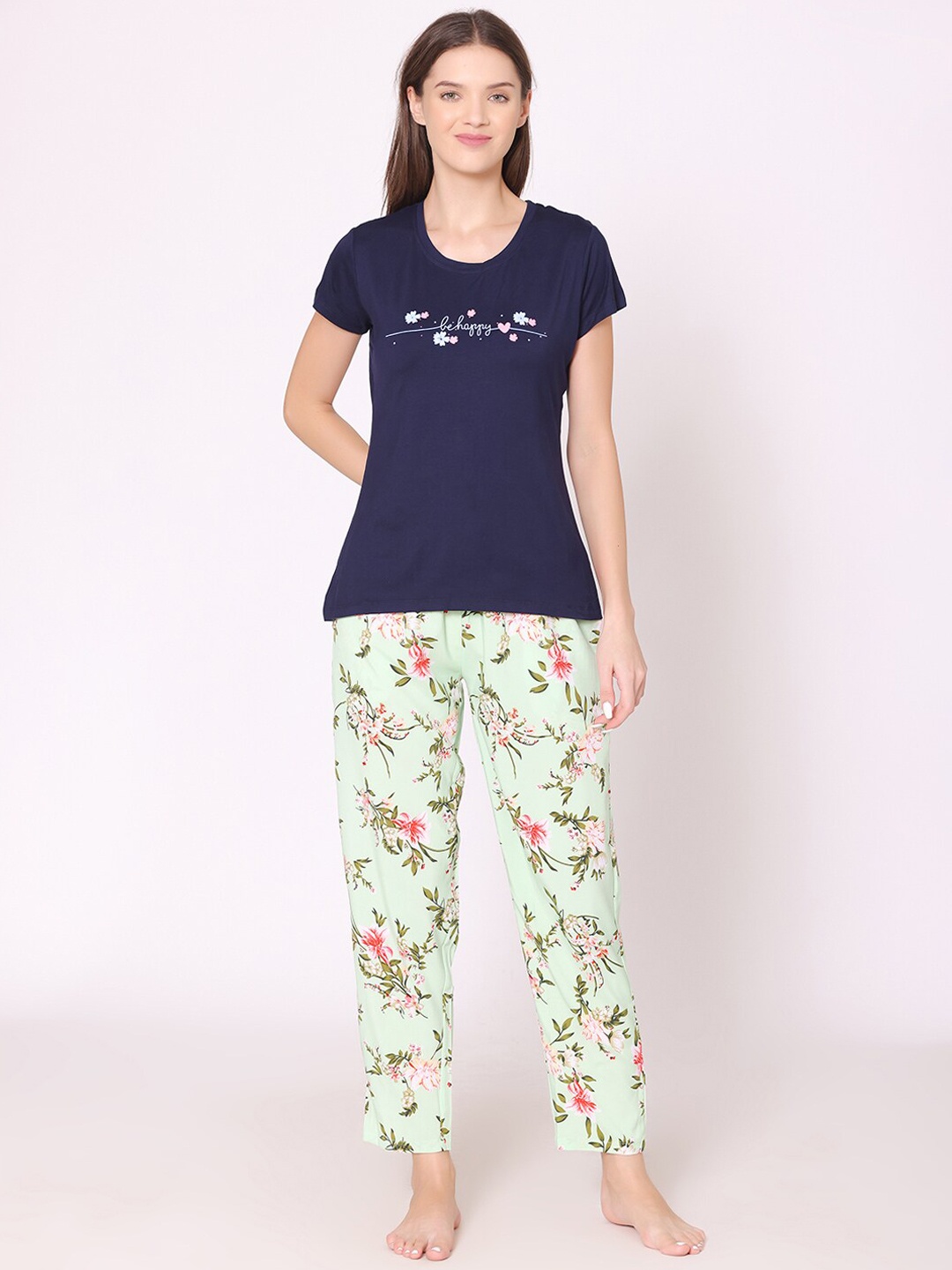 

Bodycare Women Floral Printed Night suit, Navy blue