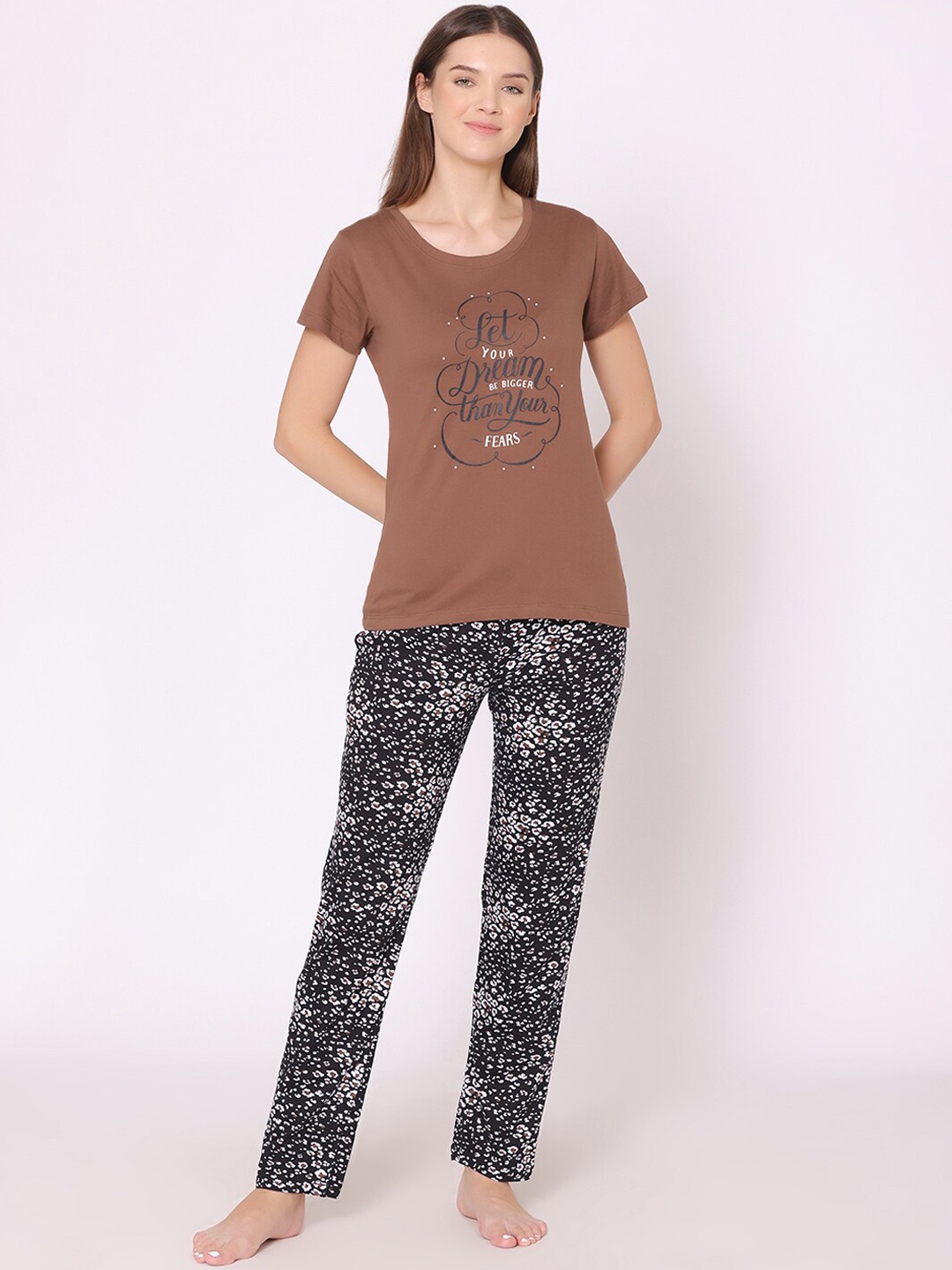 

Bodycare Women Printed Pure Cotton Night suit, Brown