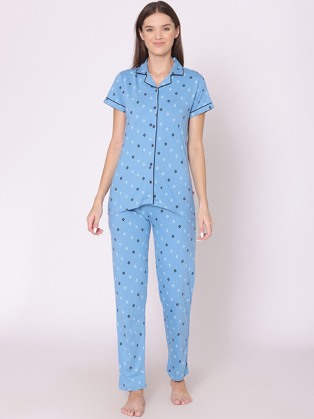 

Bodycare Women Plus Size Geometric Printed Pure Cotton Night Suit, Blue