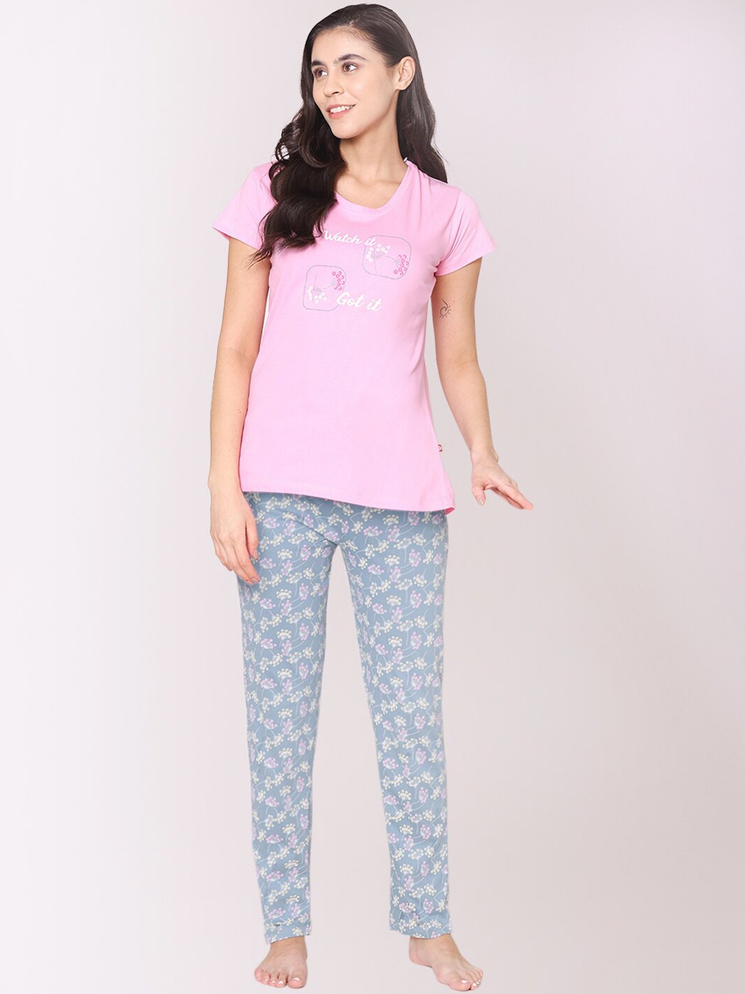 

Bodycare Women Printed Pure Cotton Night suit, Pink