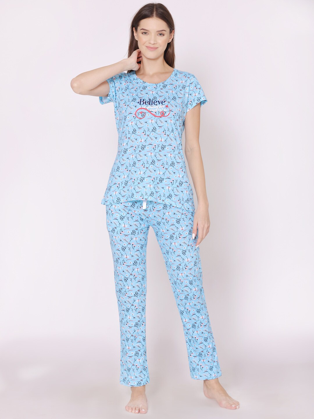 

Bodycare Women Printed Pure Cotton Night Suit, Blue