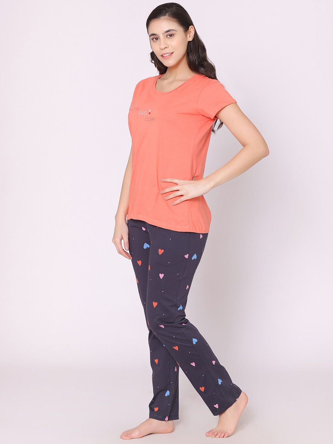 

Bodycare Women Printed Pure Cotton Night suit, Peach
