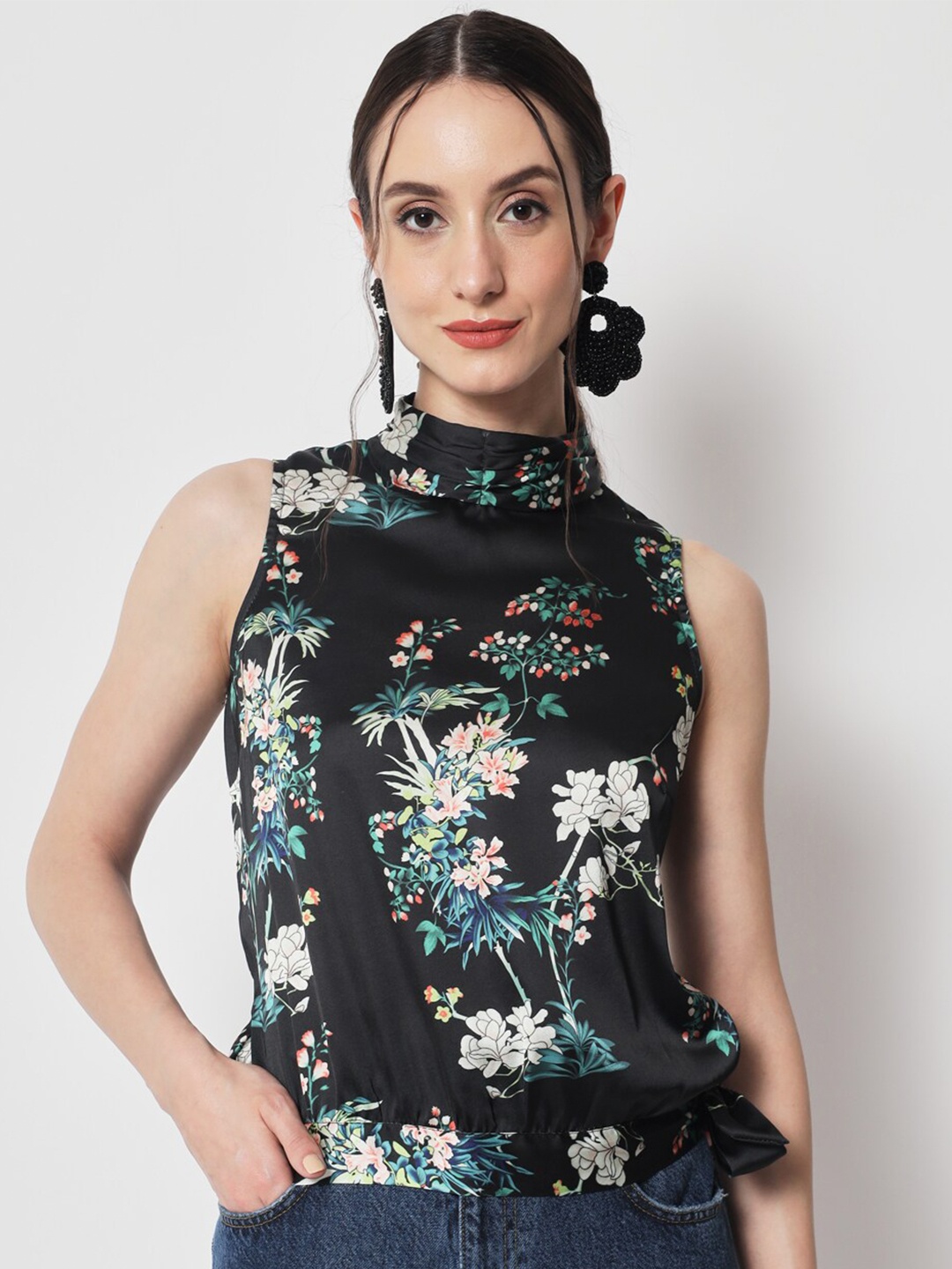 

HERE&NOW Floral Print Satin Top, Green