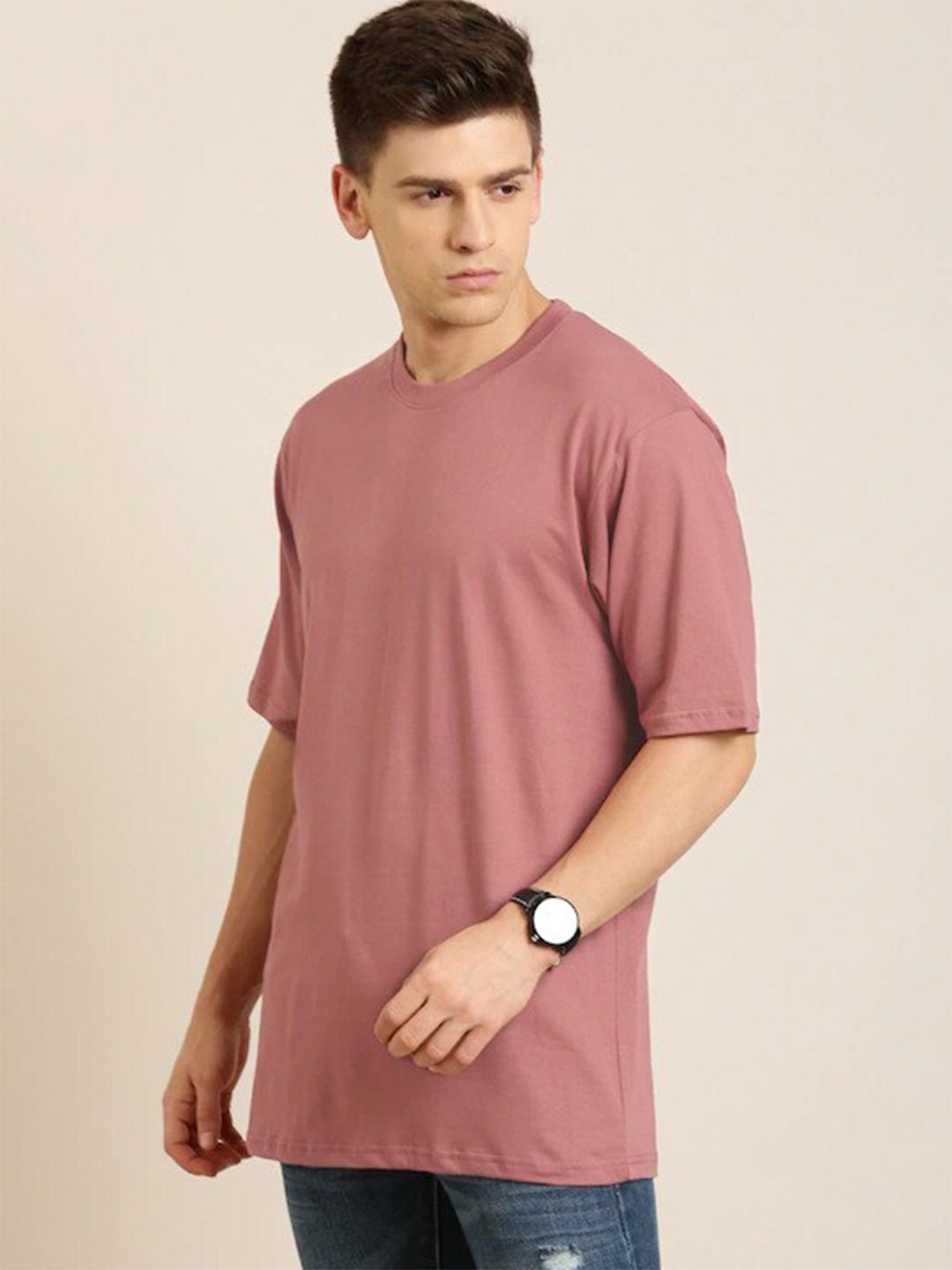 

Rodzen Men Pure Cotton Loose T-shirt, Rose