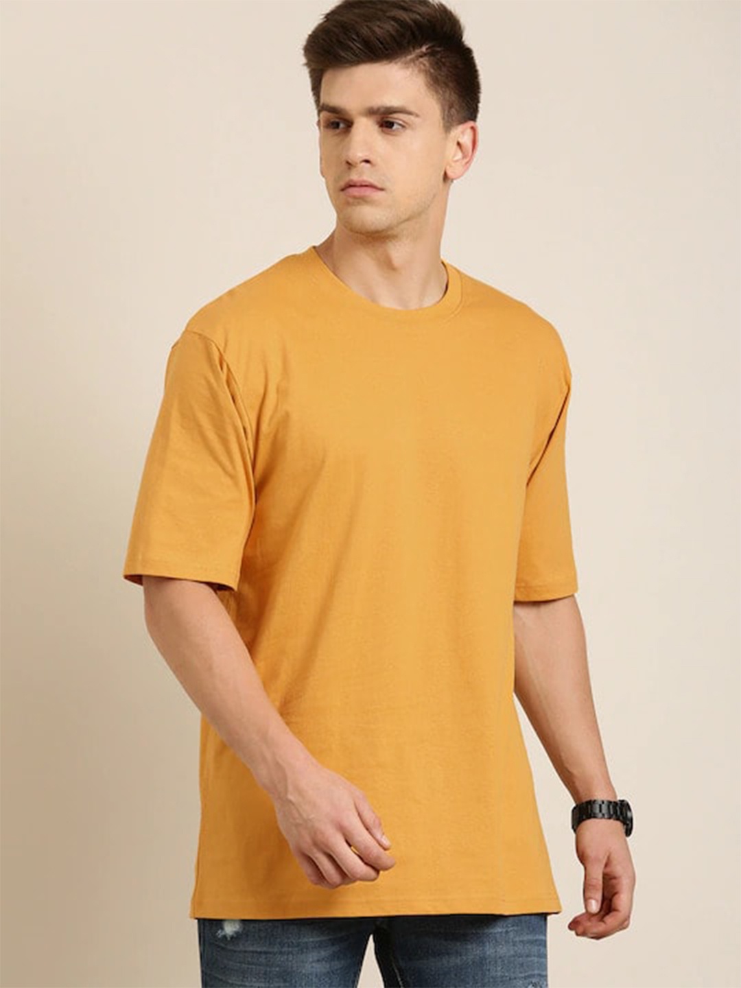 

Rodzen Men Pure Cotton Loose T-shirt, Mustard