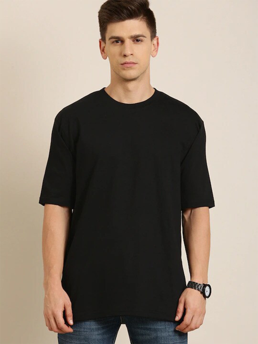

Rodzen Men Drop-Shoulder Sleeves Pure Cotton Loose T-shirt, Black