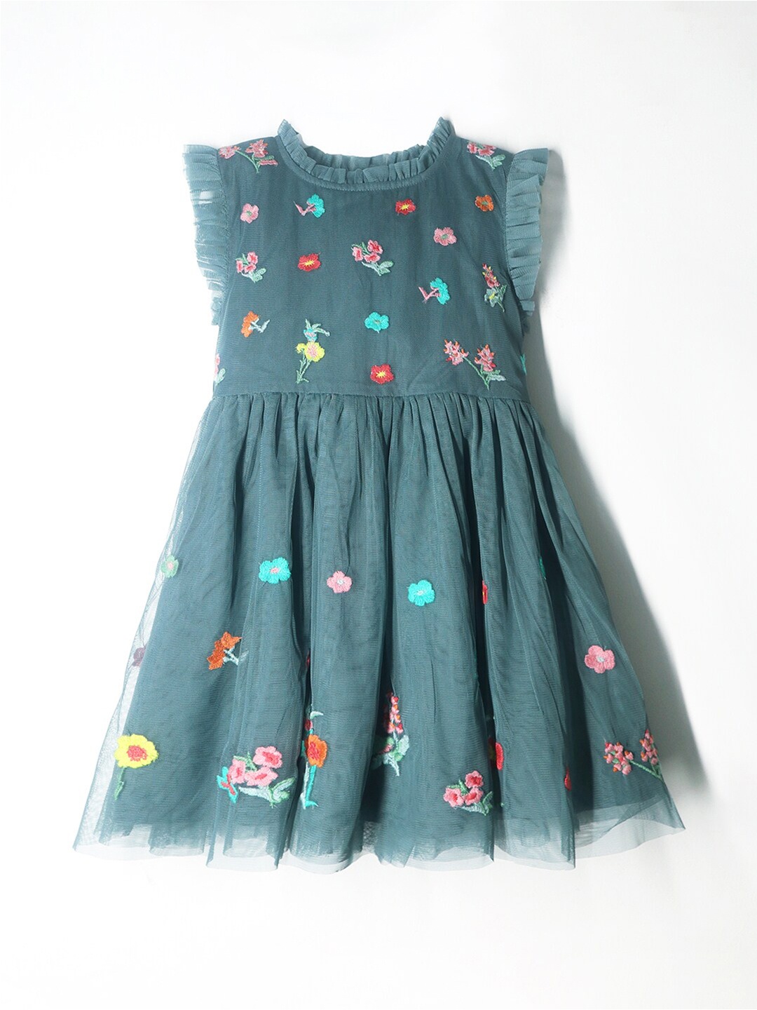 

Cherry Crumble Girls Floral Embroidered Cotton Dress, Grey