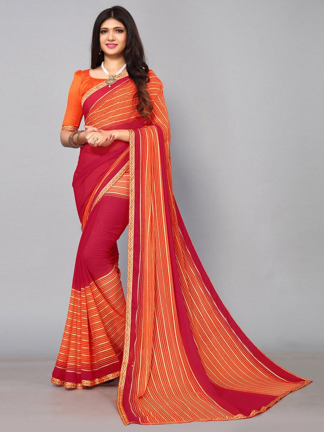 

SIRIL Striped Zari Saree, Maroon