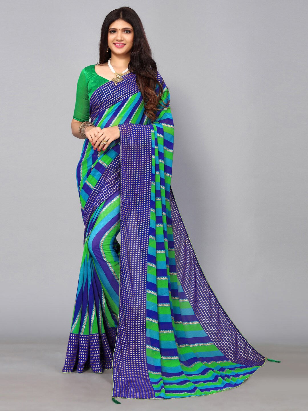 

SIRIL Printed Striped Saree, Blue