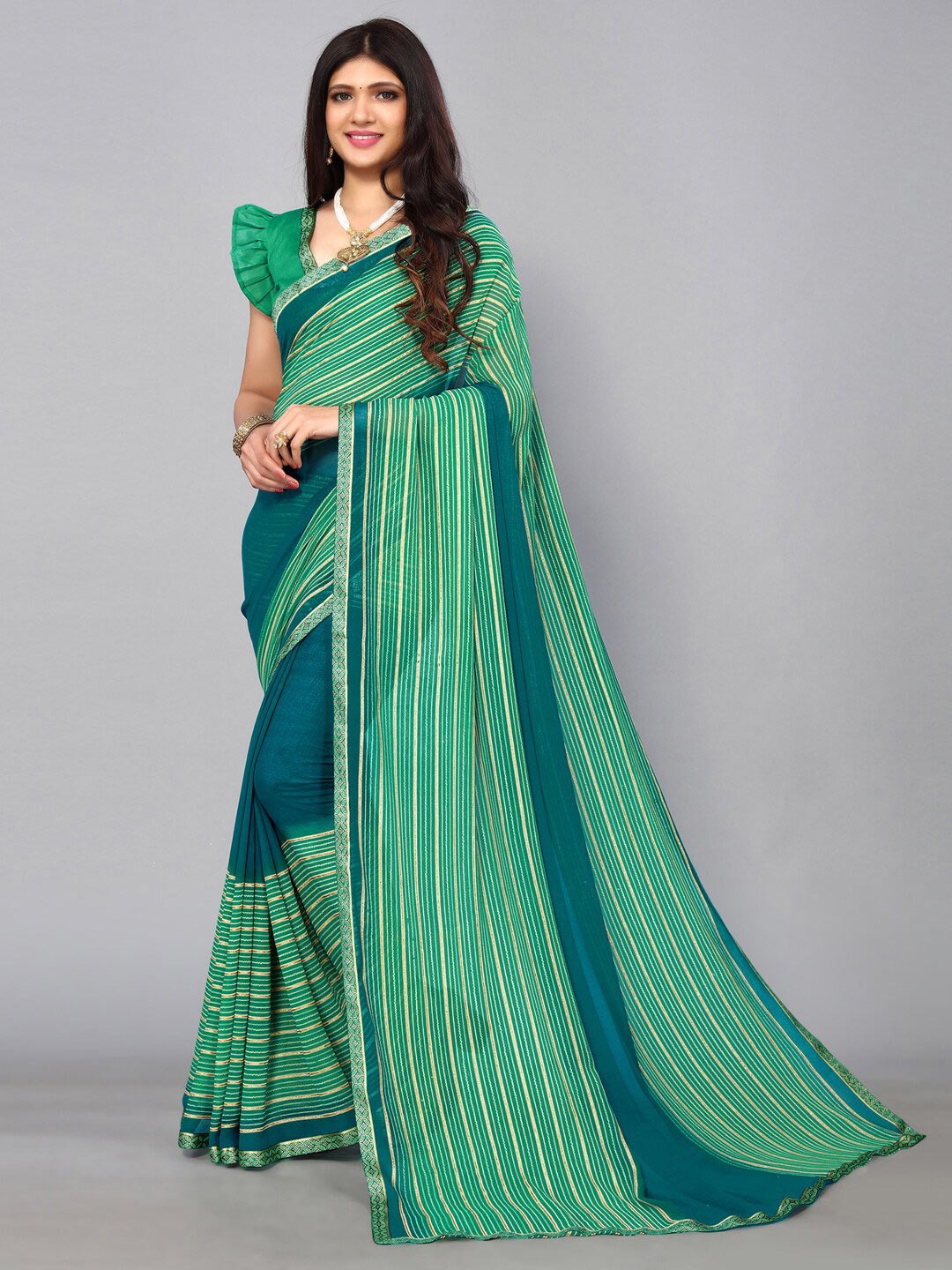 

SIRIL Striped Zari Detailed Saree, Green