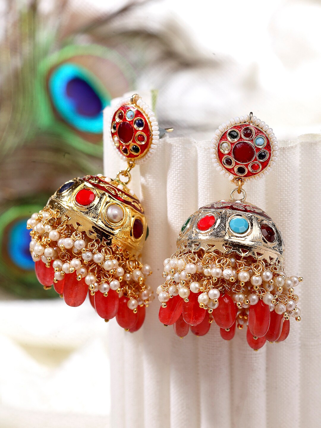 

DUGRISTYLE Gold-Plated Classic Jhumkas Earrings, Red