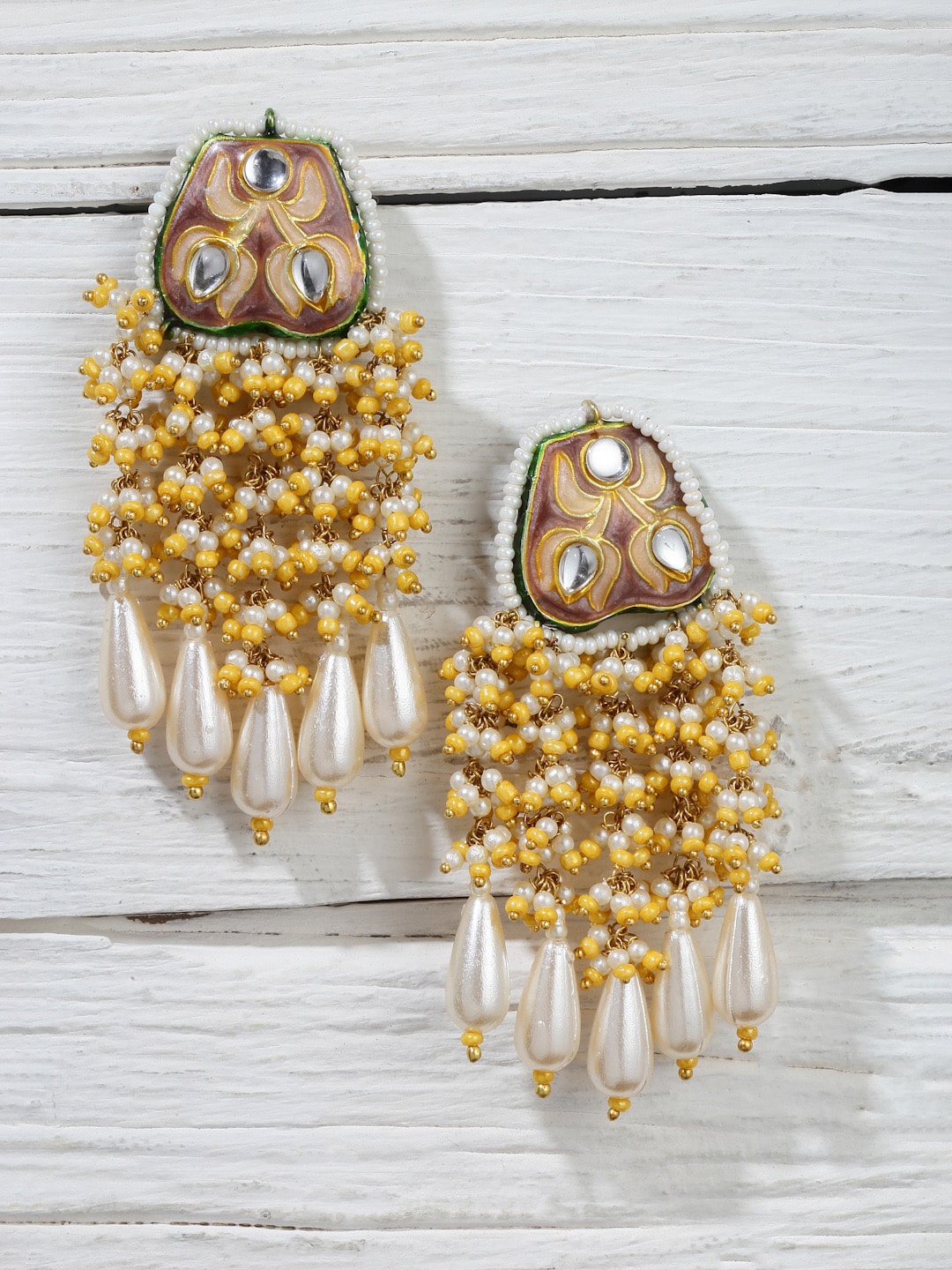

DUGRISTYLE Gold-Plated Kundan Classic Drop Earrings, Yellow