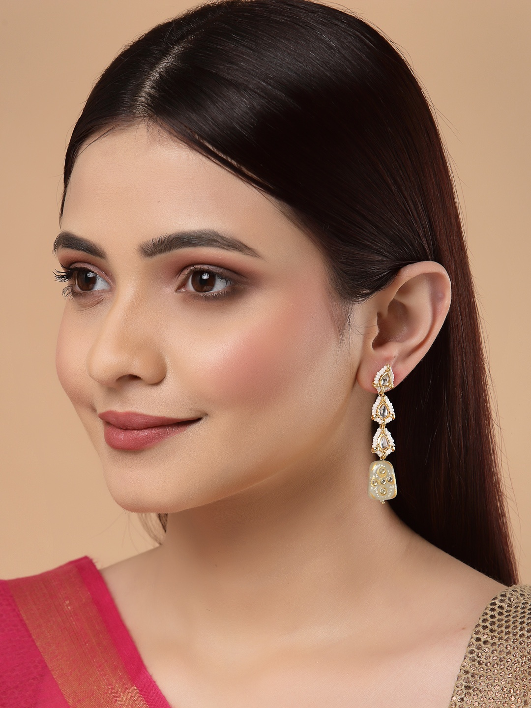 

DUGRISTYLE Gold-Plated Kundan & Pearls Classic Drop Earrings, White