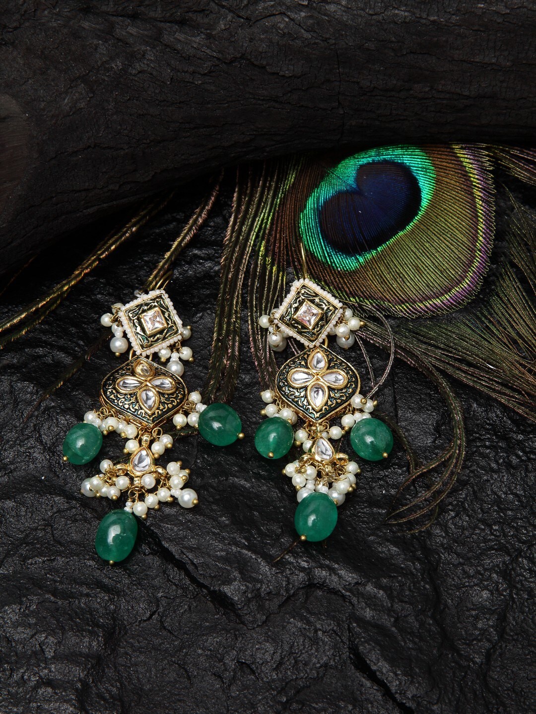 

DUGRISTYLE Kundan Studded Gold-Plated Drop Earrings, Green