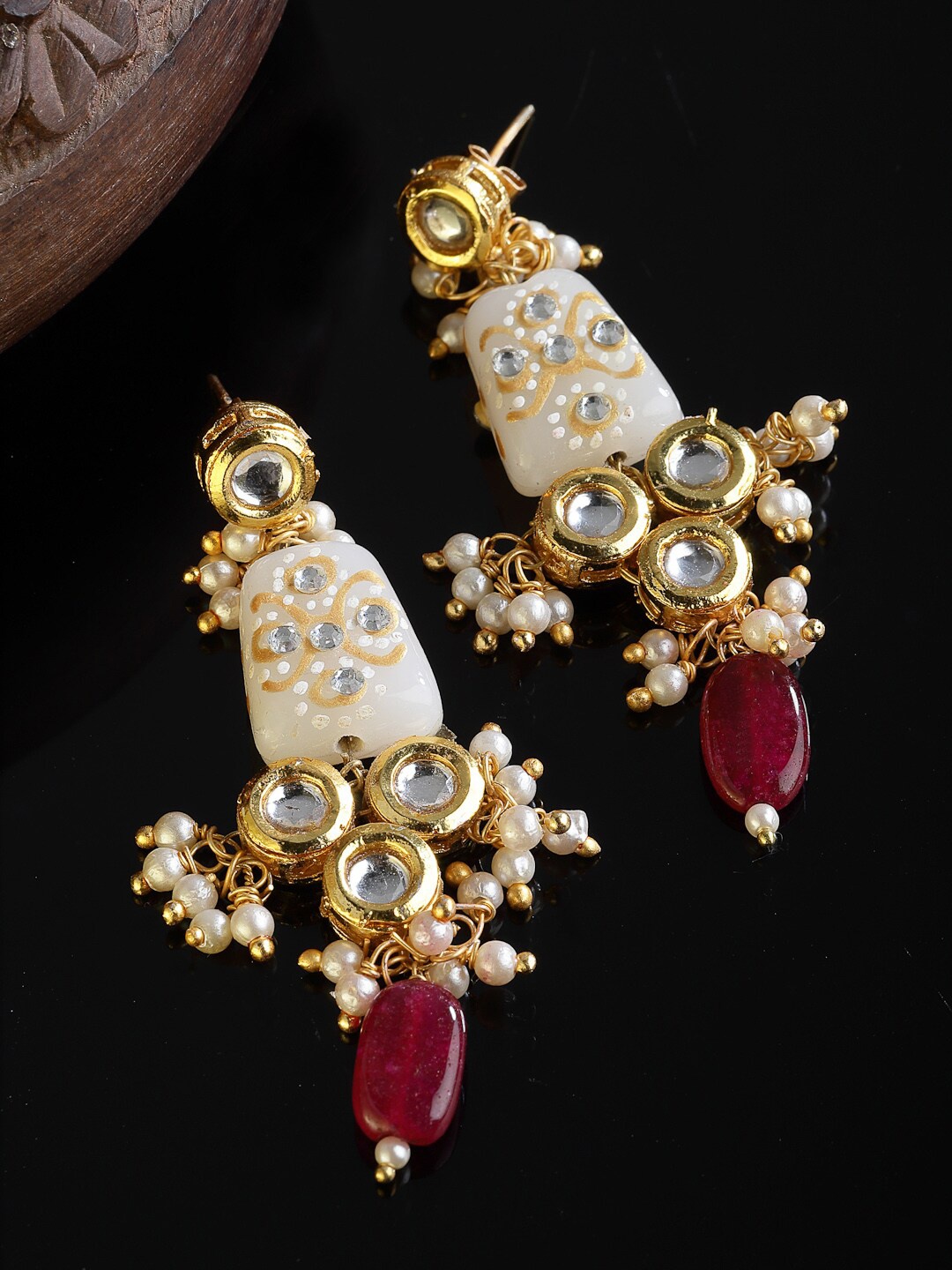 

DUGRISTYLE Kundan Studded Gold-Plated Drop Earrings, Red