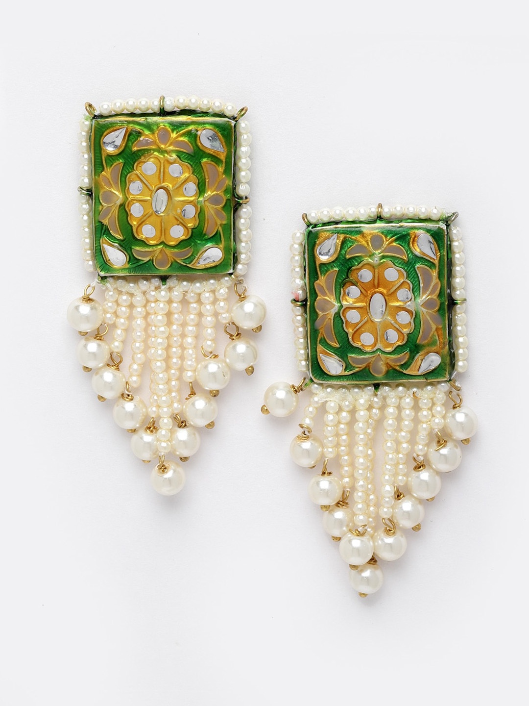 

DUGRISTYLE Kundan Studded Gold-Plated Drop Earrings, Green