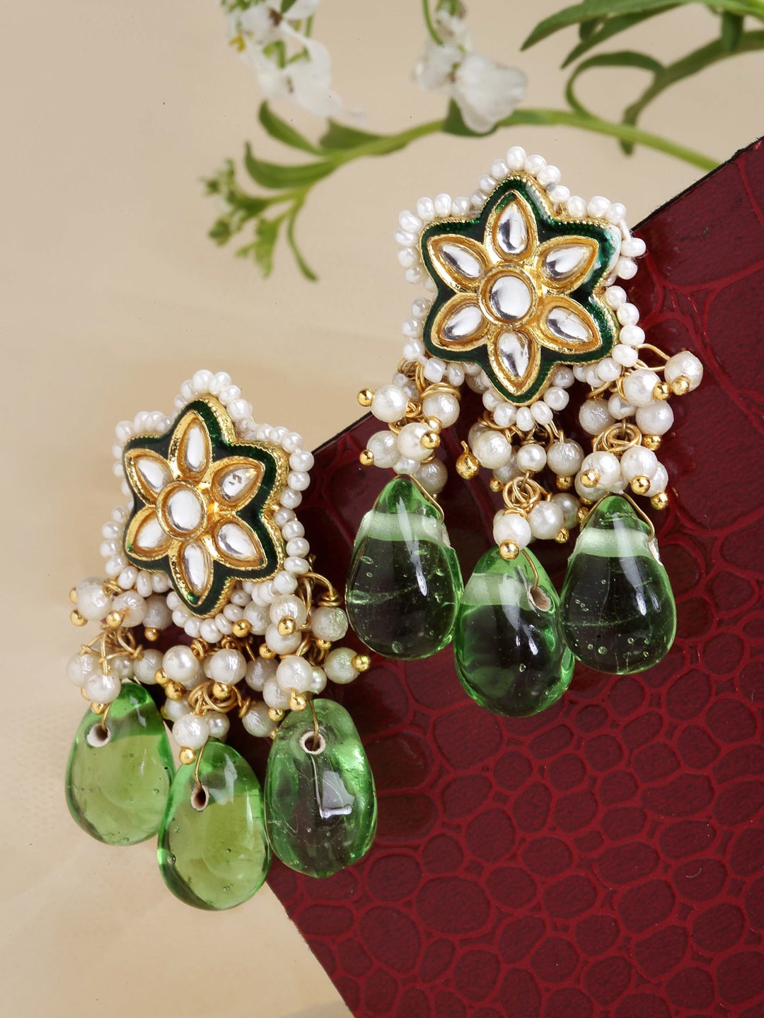 

DUGRISTYLE Kundan & Pearl Studded Gold-Plated Drop Earrings, Green