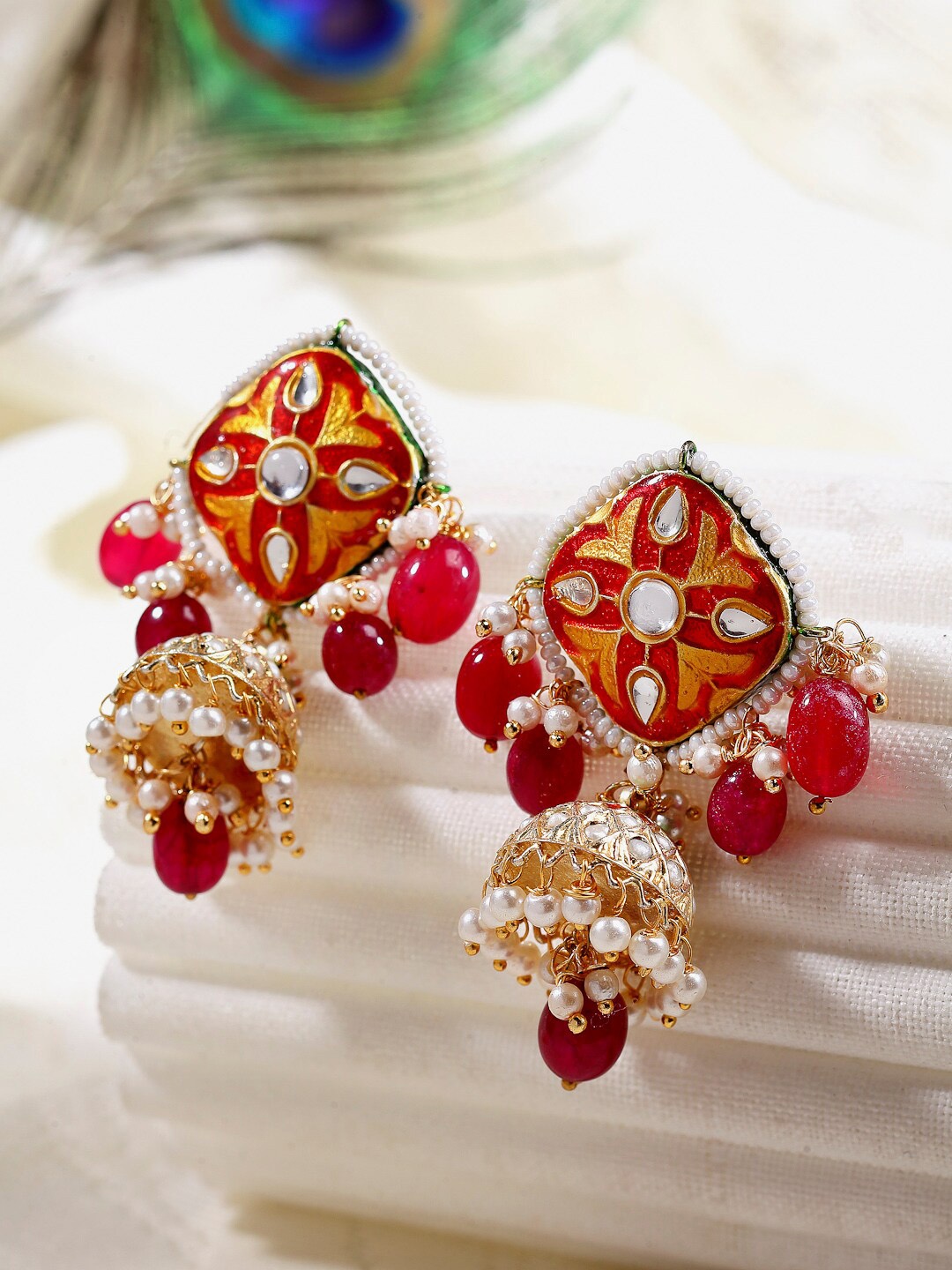 

DUGRISTYLE Gold-Plated Kundan Classic Jhumkas Earrings, Red