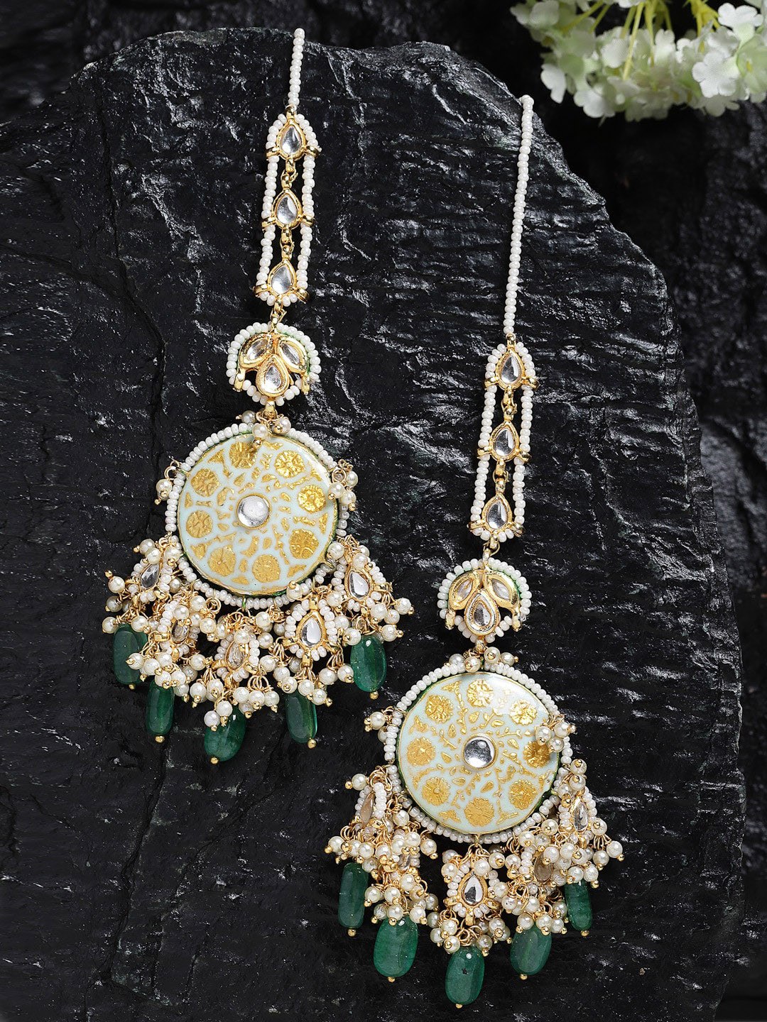 

DUGRISTYLE Gold-Plated Kundan Classic Drop Earrings, Sea green