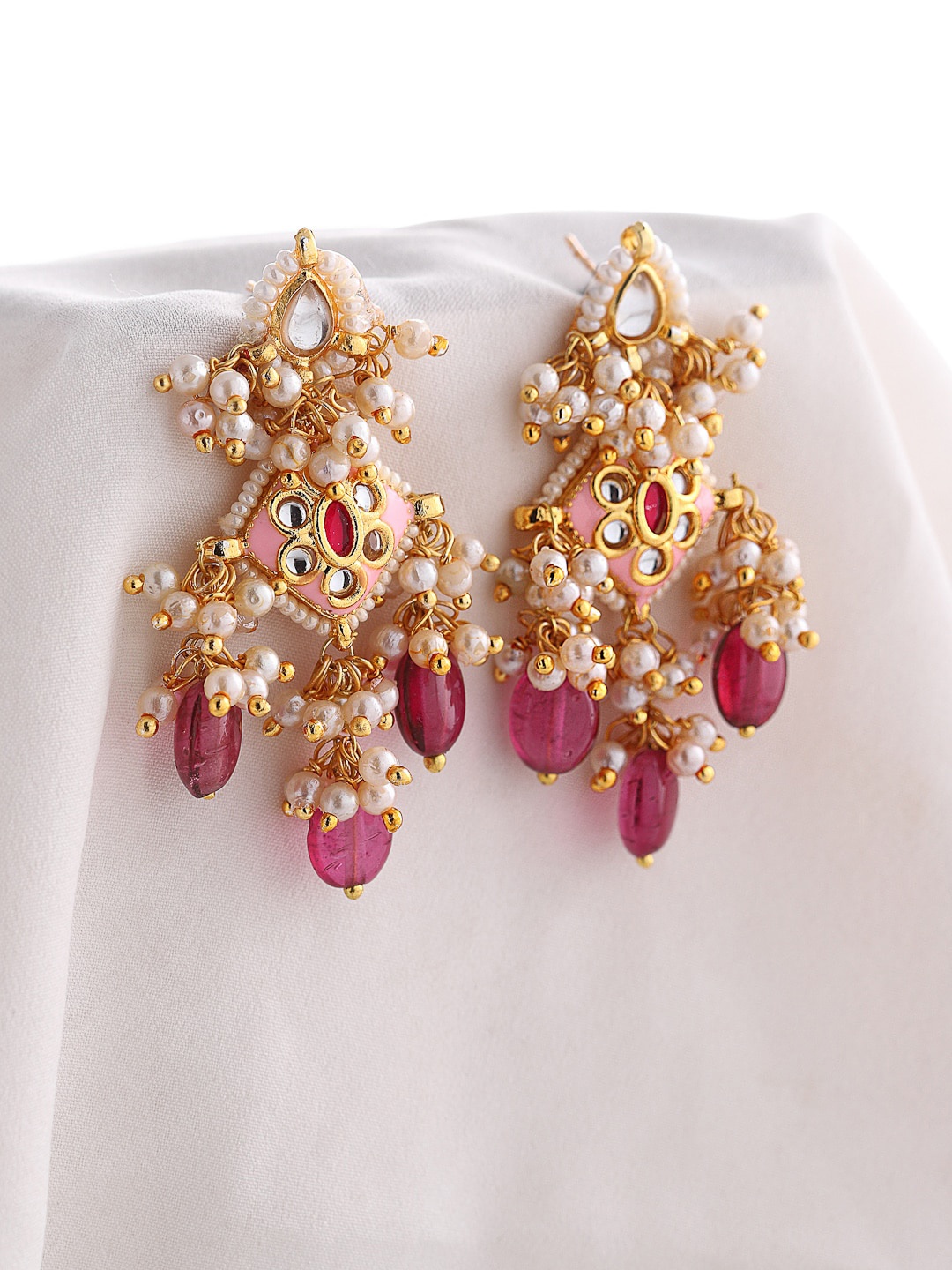 

DUGRISTYLE Gold-Plated Kundan Classic Drop Earrings, Pink