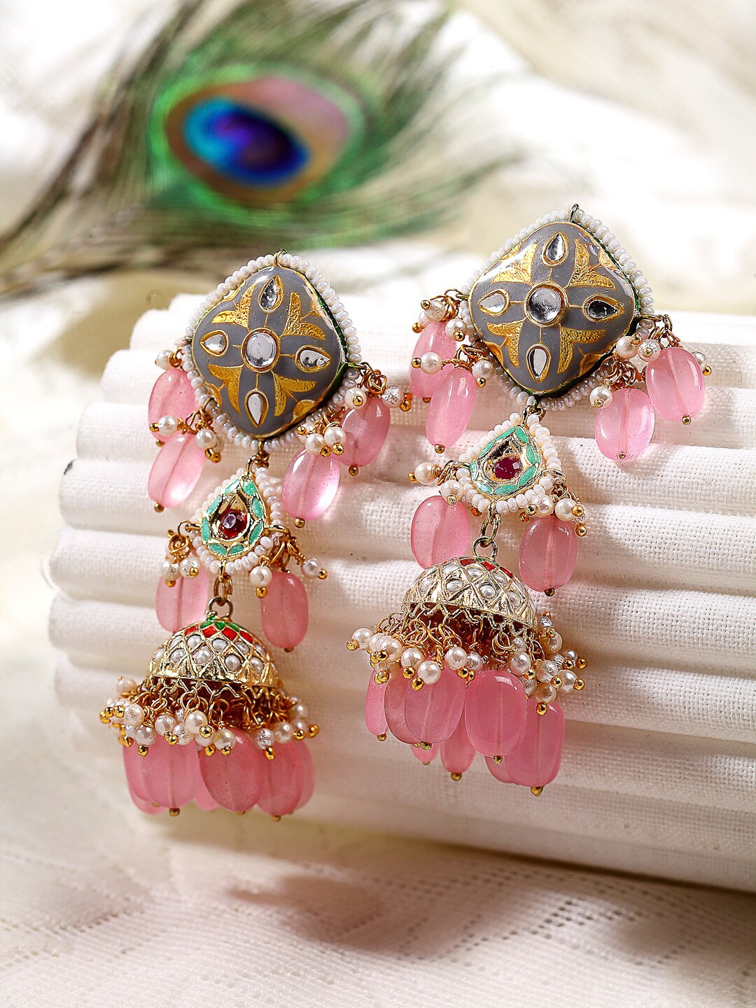 

DUGRISTYLE Gold-Plated Kundan Classic Drop Earrings, Pink