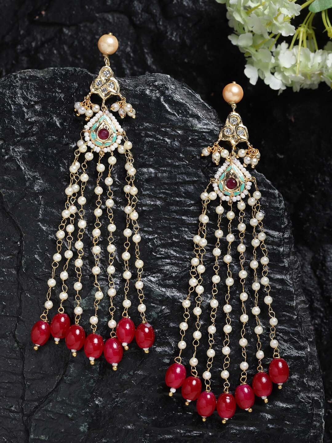 

DUGRISTYLE Gold-Plated Kundan Classic Drop Earrings, Red