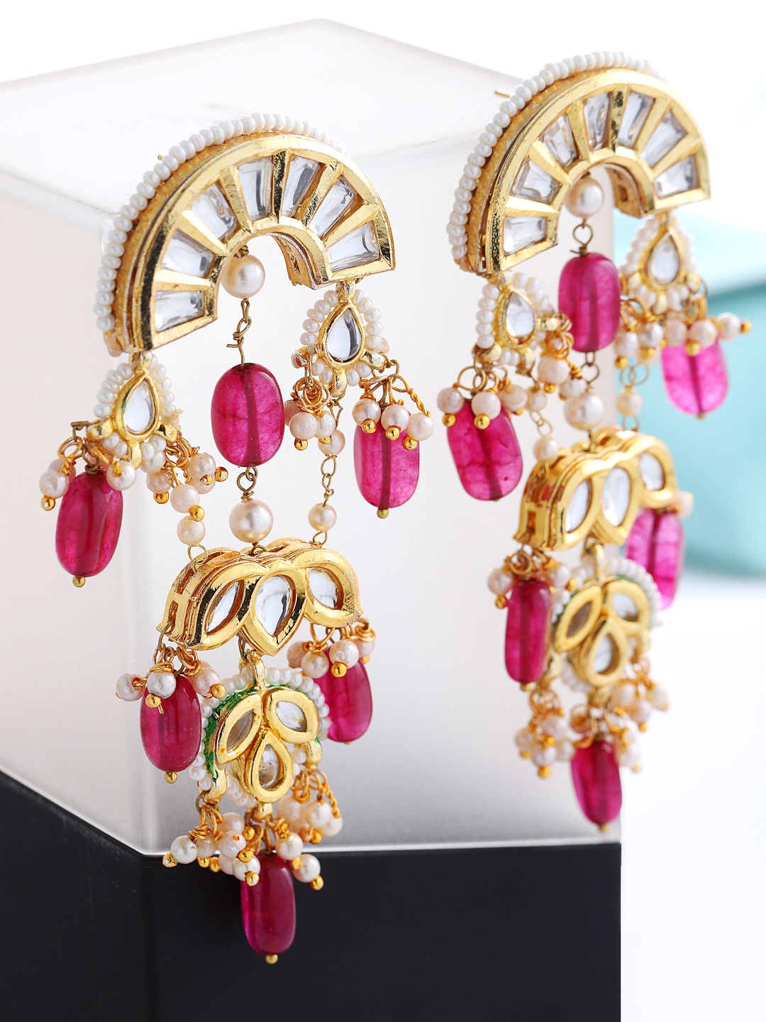 

DUGRISTYLE Gold-Plated Kundan Classic Drop Earrings, Red