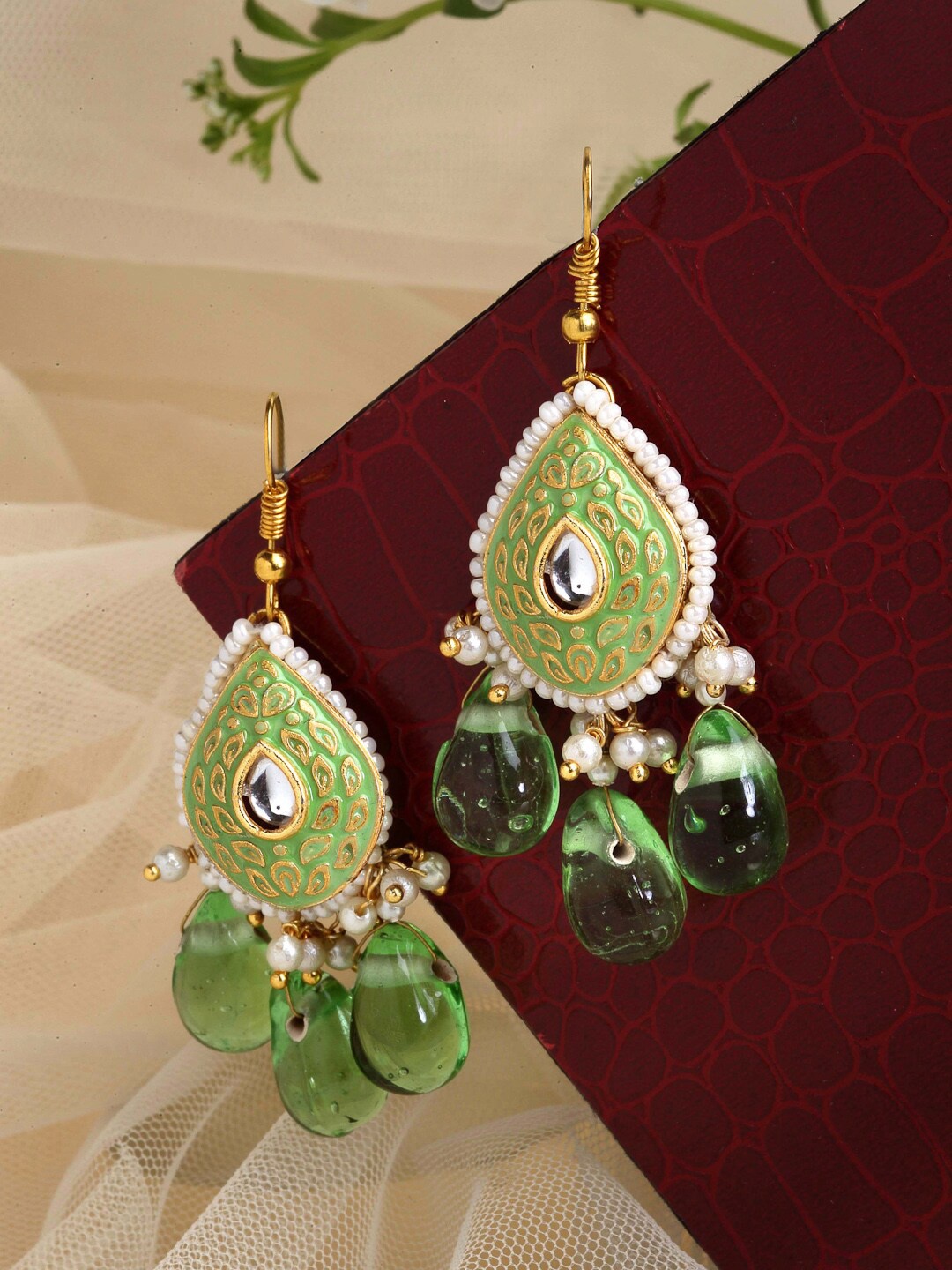

DUGRISTYLE Gold-Plated Kundan Teardrop Shaped Drop Earrings, Green