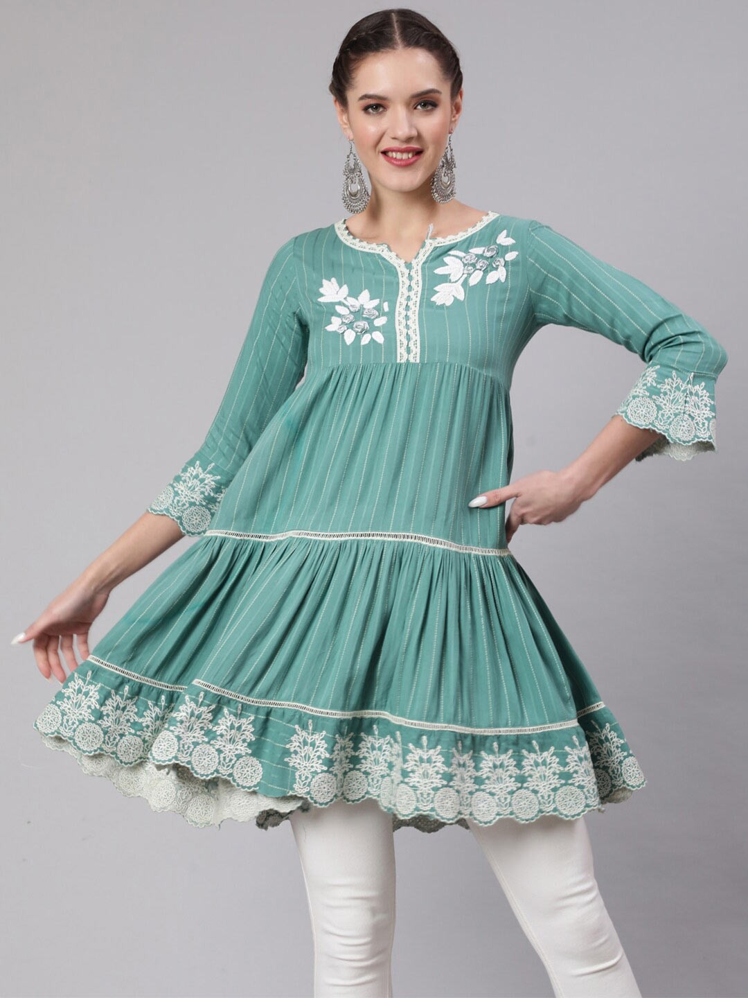 

KALINI Floral Embroidered Tiered Kurti, Turquoise blue