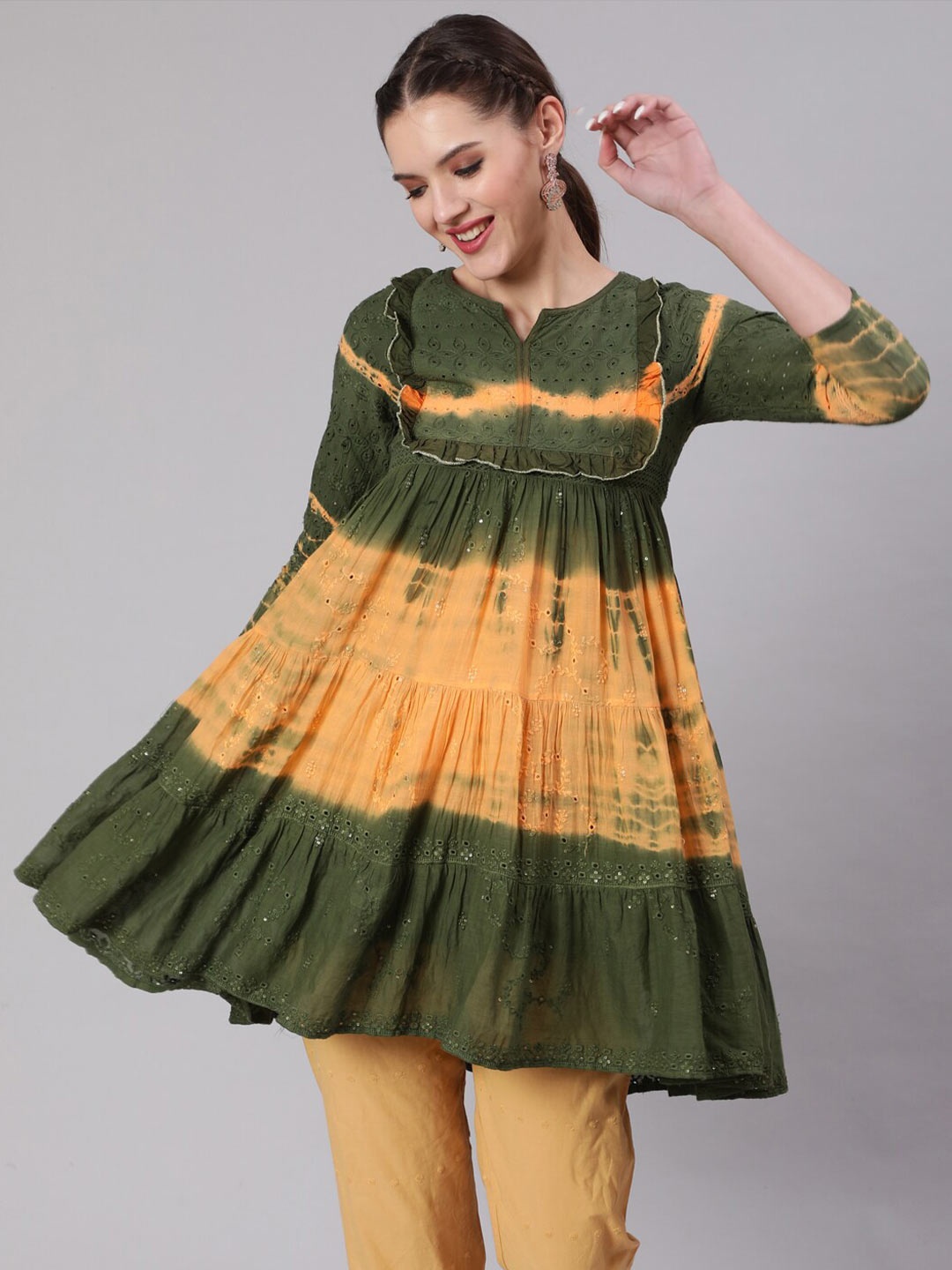 

KALINI Cotton Schiffly Tiered Tunic, Green