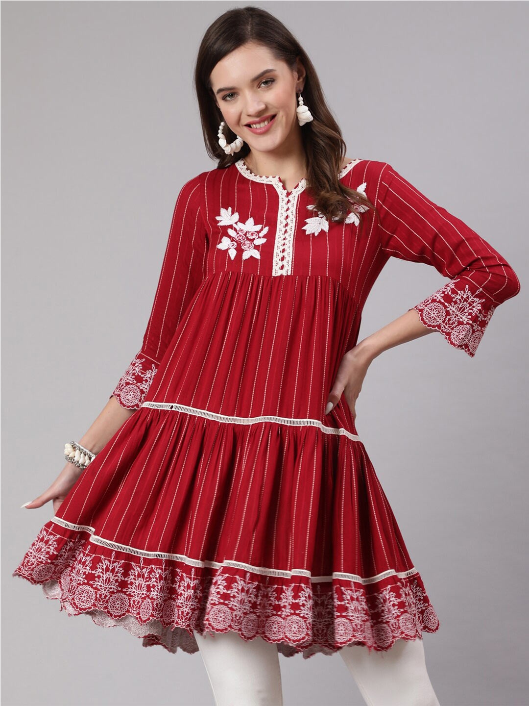 

KALINI Rayon Embroidered Tiered Tunic, Red