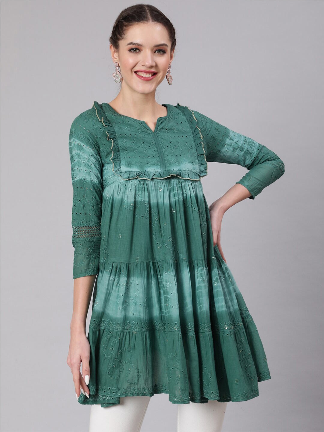 

KALINI Schiffly Cotton Tiered Tunic, Teal