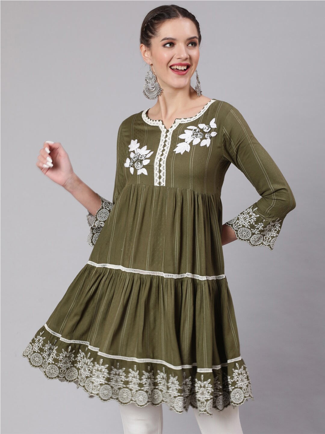

KALINI Floral Embroidered Tiered A-Line Kurta, Olive