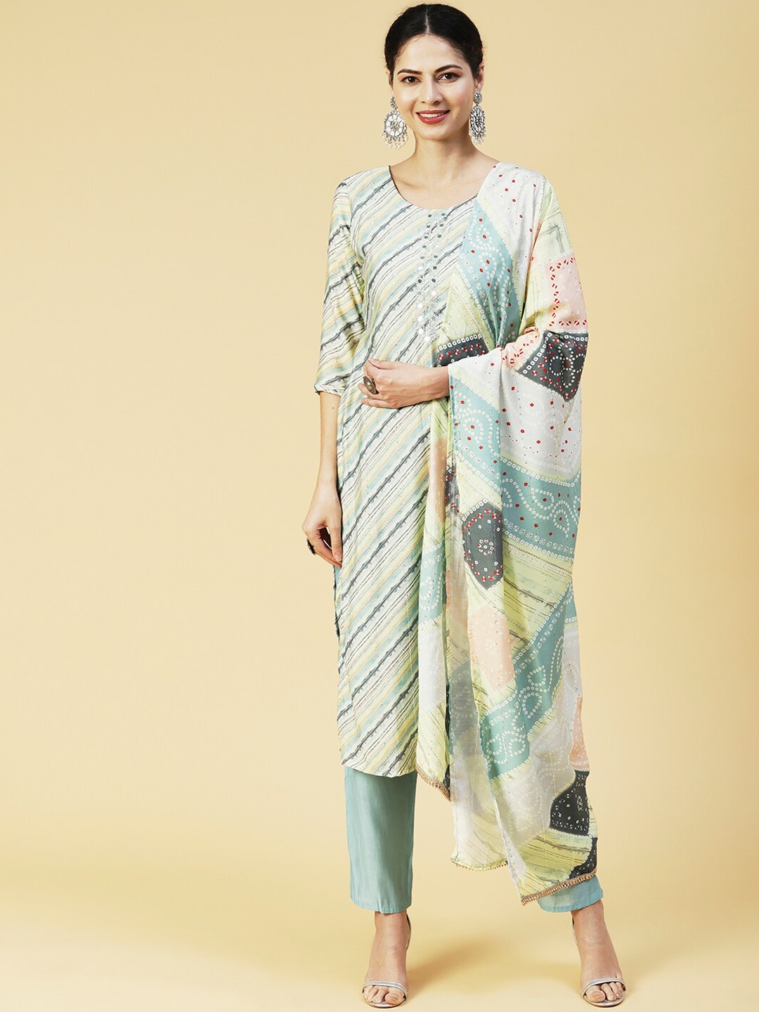 

FASHOR Women Printed Sequinned Kurta with Trousers & With Dupatta, Blue