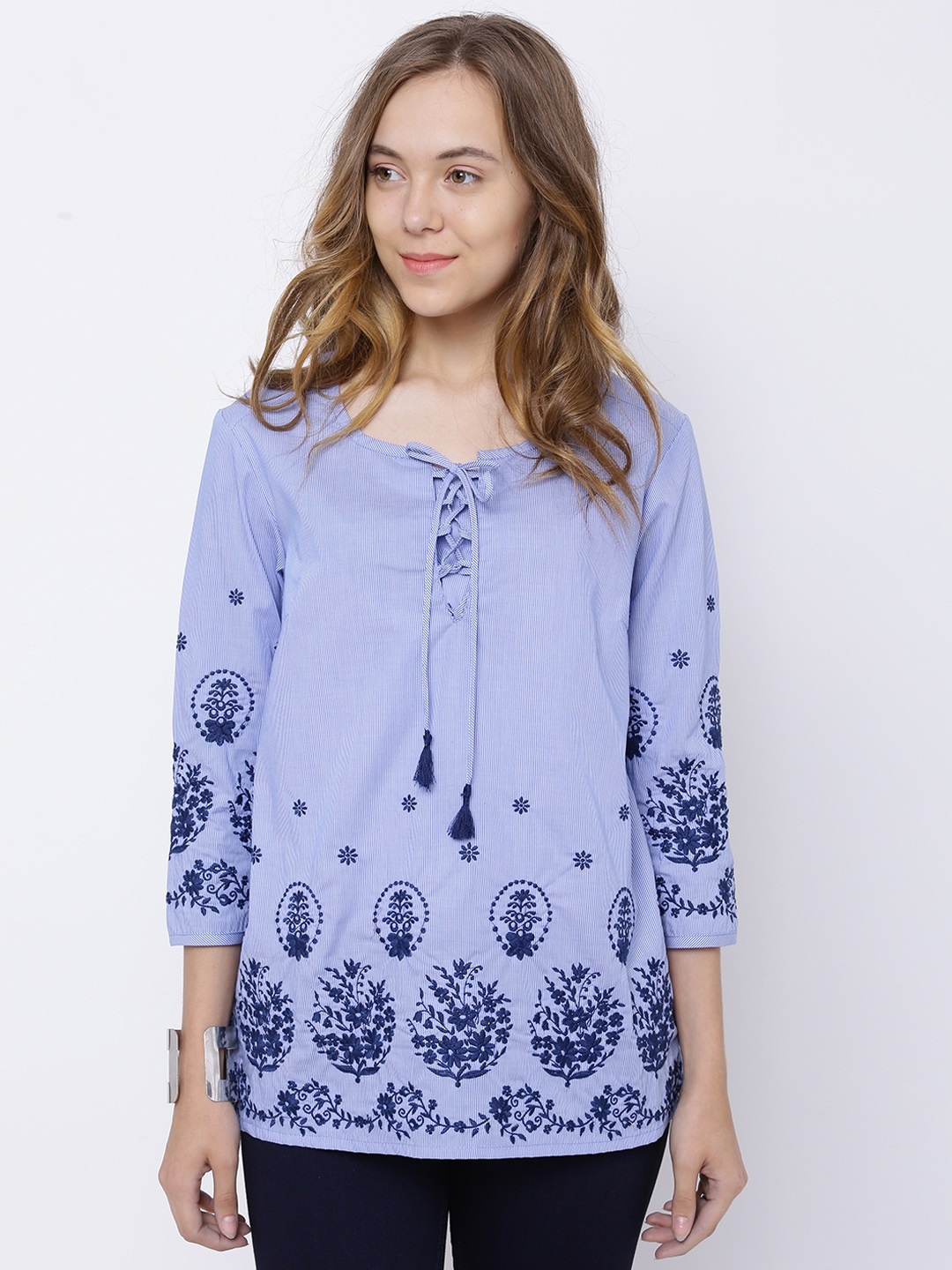 

Tokyo Talkies Women Blue Striped Top