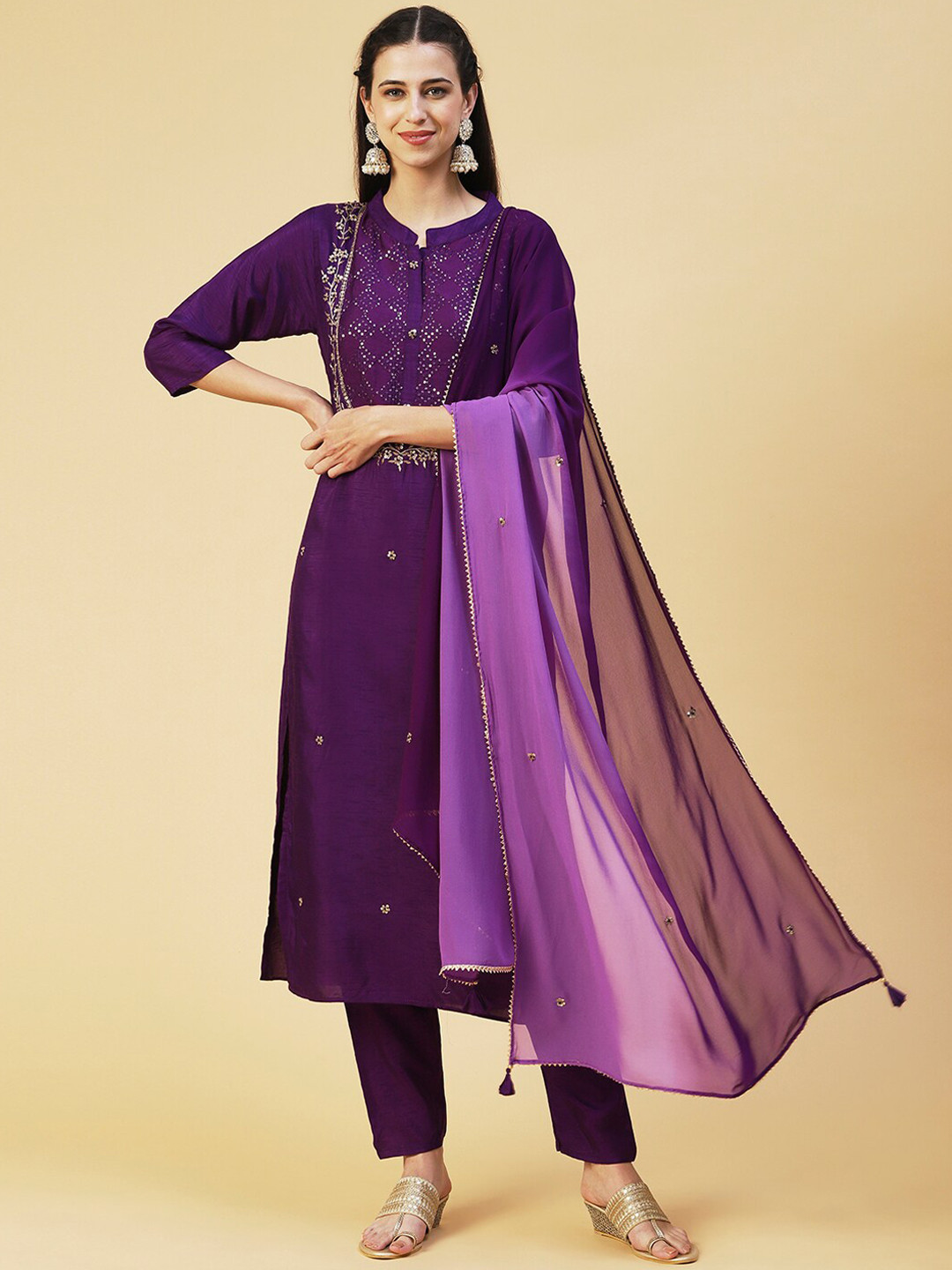 

FASHOR Women Beads and Stones Kurta with Trousers & Dupatta, Purple