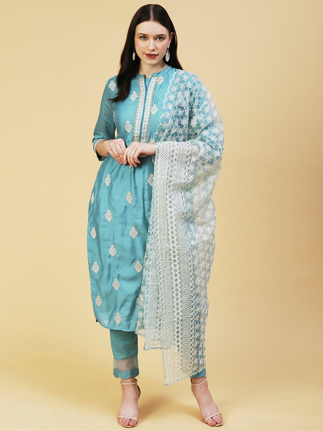 

FASHOR Women Ethnic Motifs Embroidered Kurta with Trousers & With Dupatta, Turquoise blue