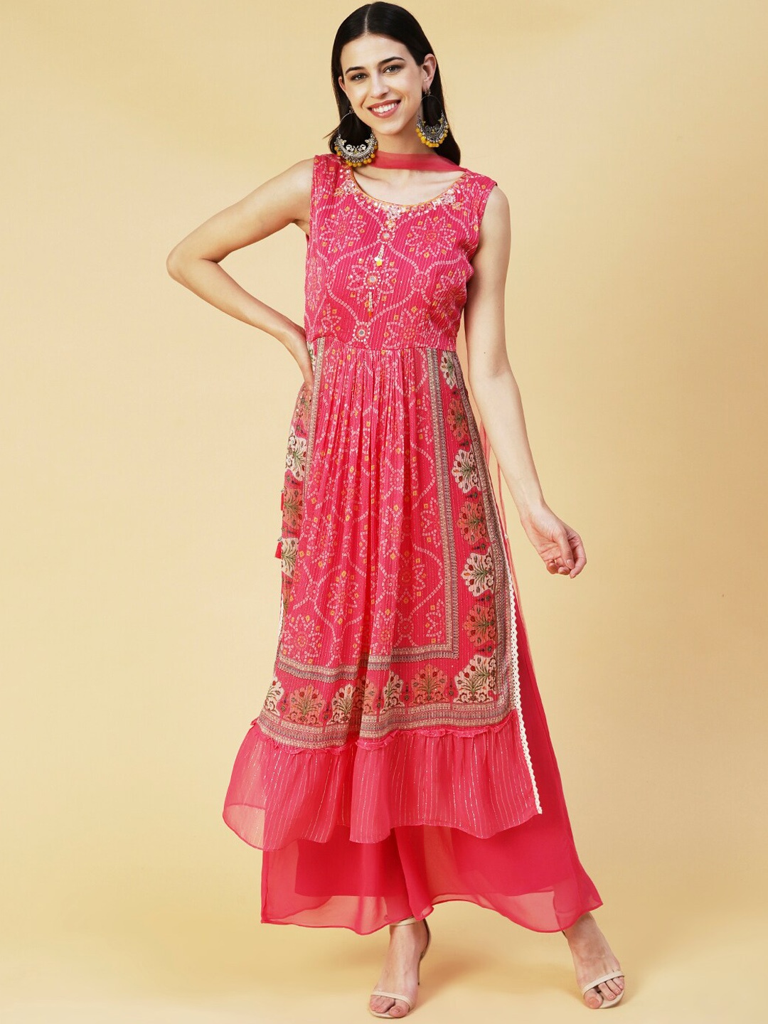 

FASHOR Women Pink Bandhani Printed Pleated Beads and Stones Kurta with Palazzos & With Dupatta