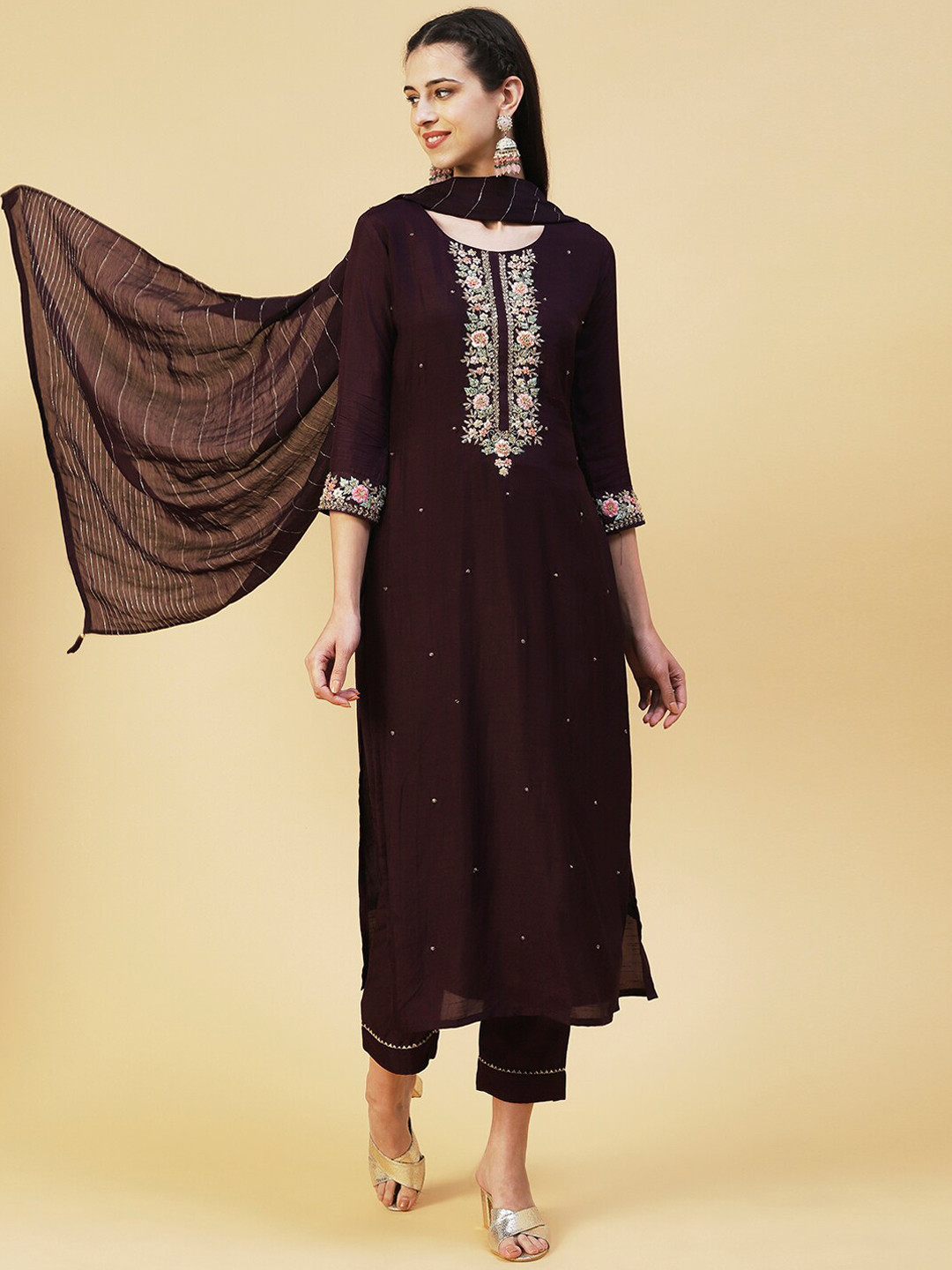 

FASHOR Women Floral Embroidered Kurta with Trousers & Dupatta, Burgundy