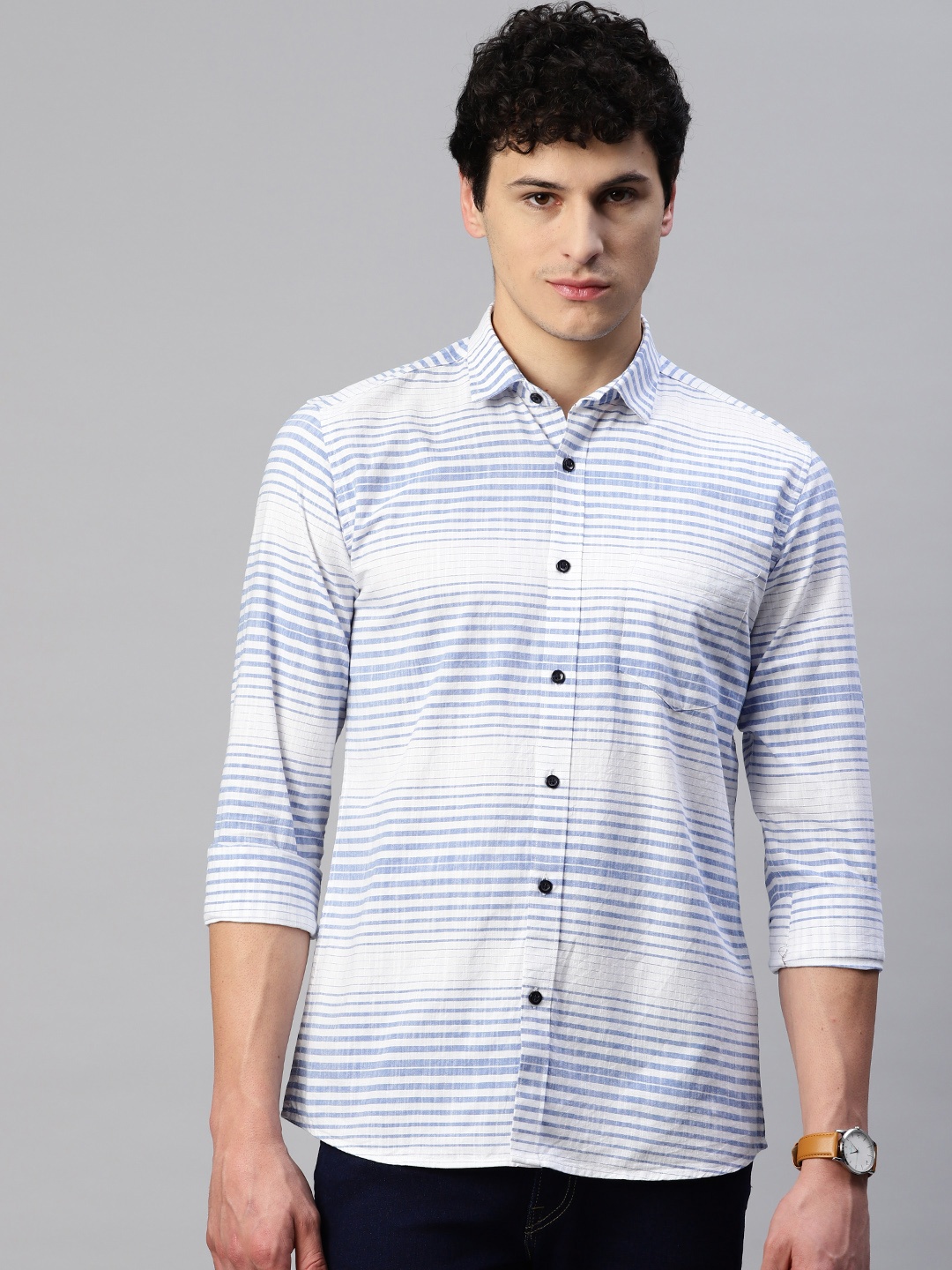 

5TH ANFOLD Men Slim Fit Horizontal Striped Casual Shirt, Blue