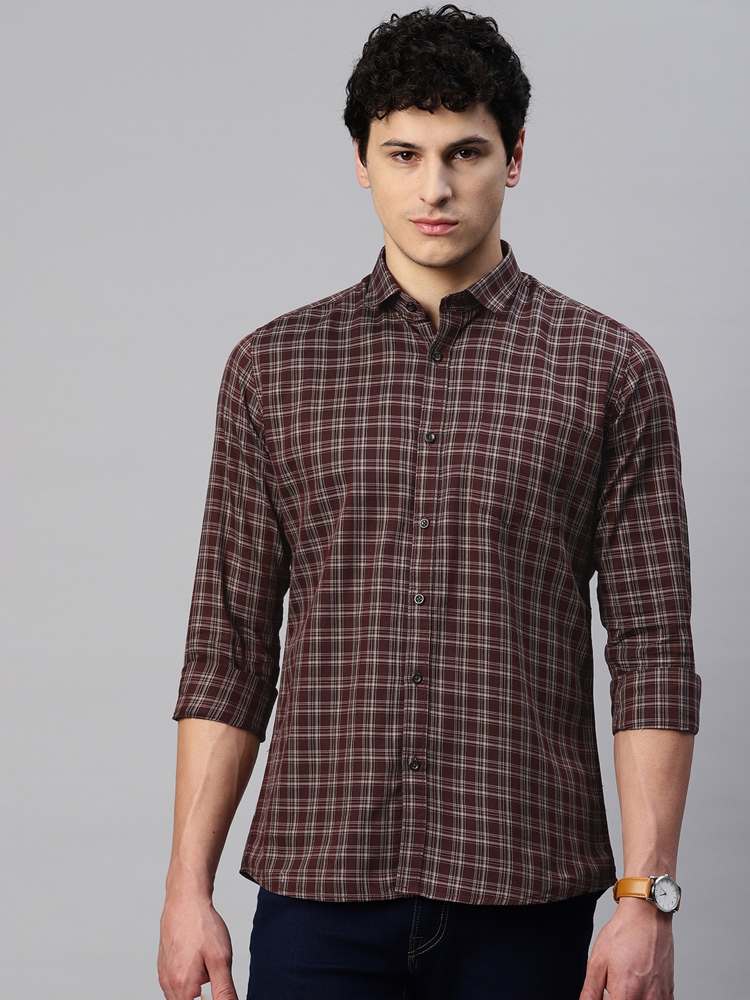

5TH ANFOLD Men Slim Fit Checked Casual Shirt, Maroon