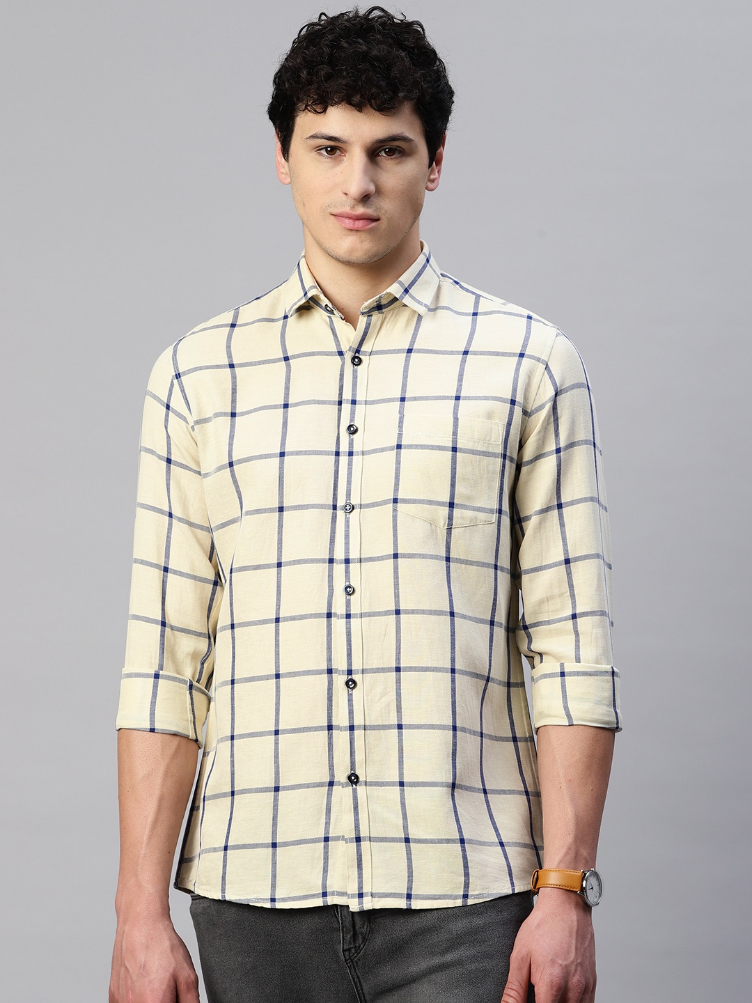 

5TH ANFOLD Men Slim Fit Windowpane Checks Casual Shirt, Yellow