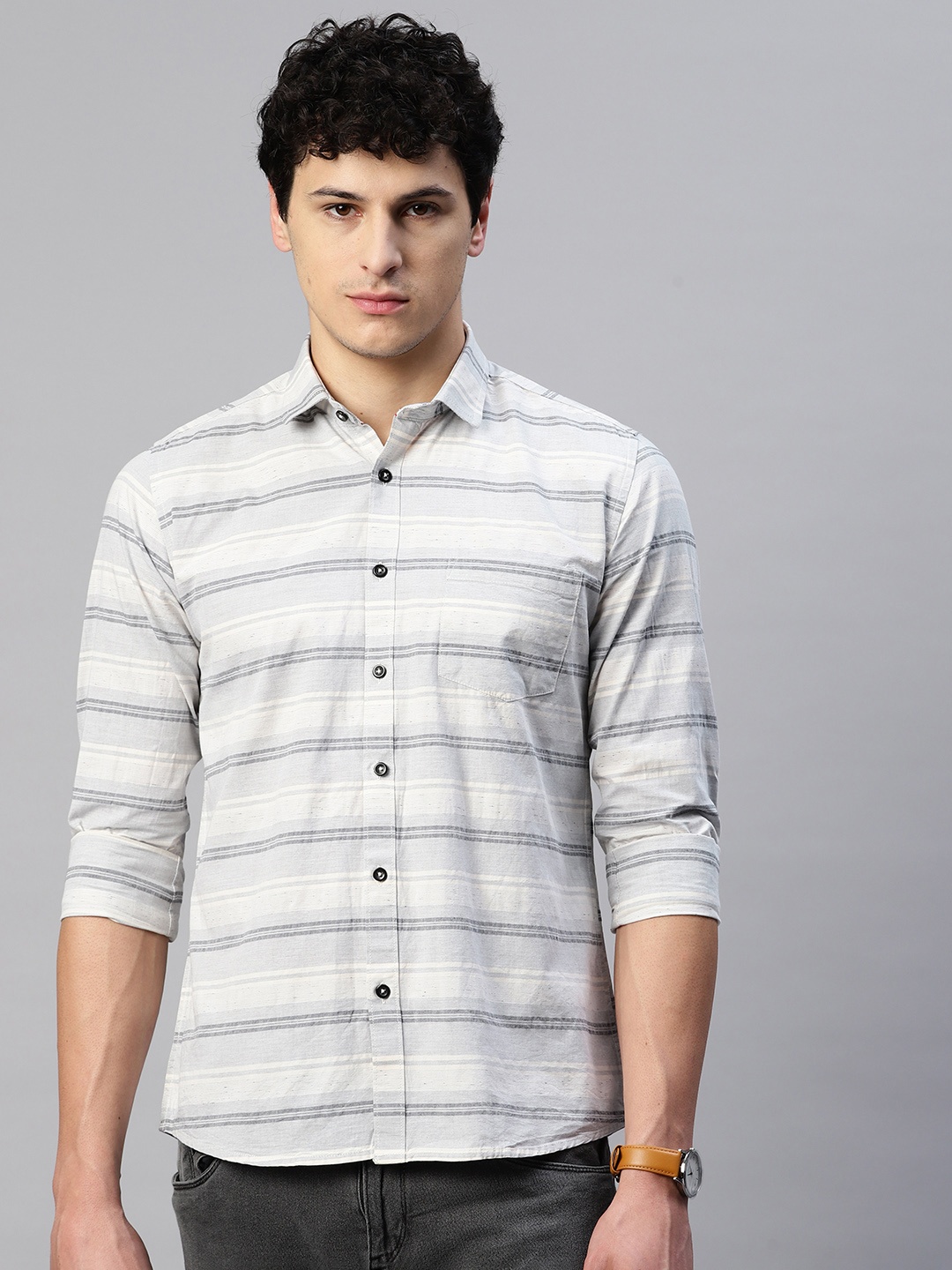 

5TH ANFOLD Men Slim Fit Horizontal Stripes Casual Shirt, Grey