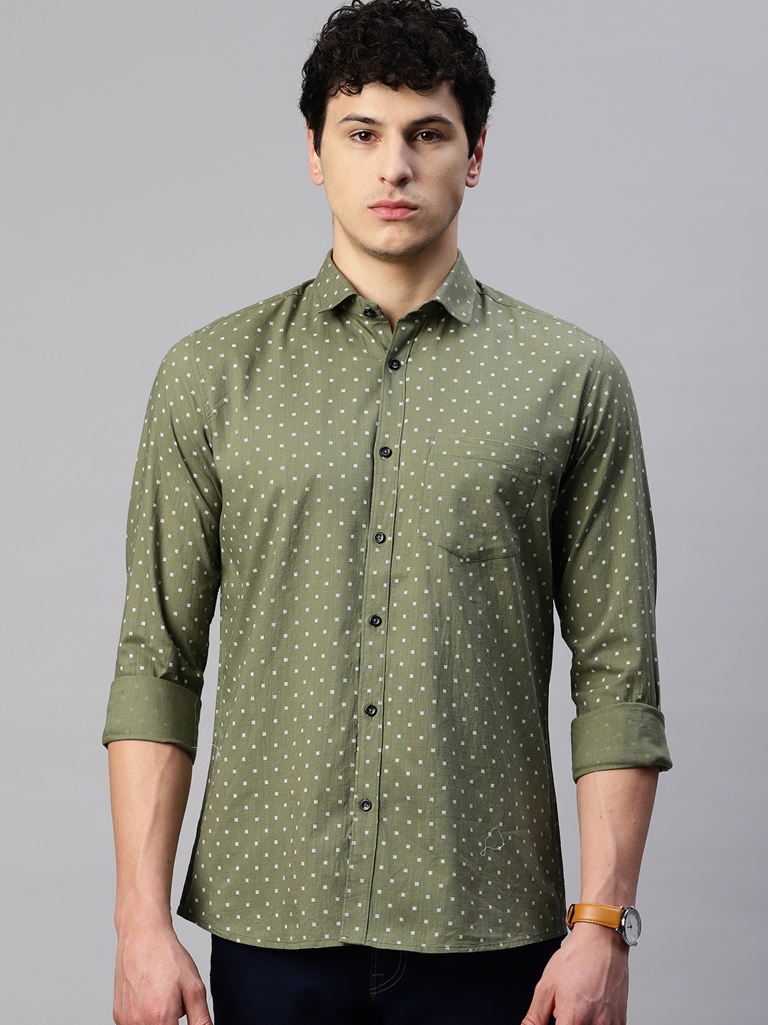 

5TH ANFOLD Men Slim Fit Micro Ditsy Printed Casual Shirt, Green