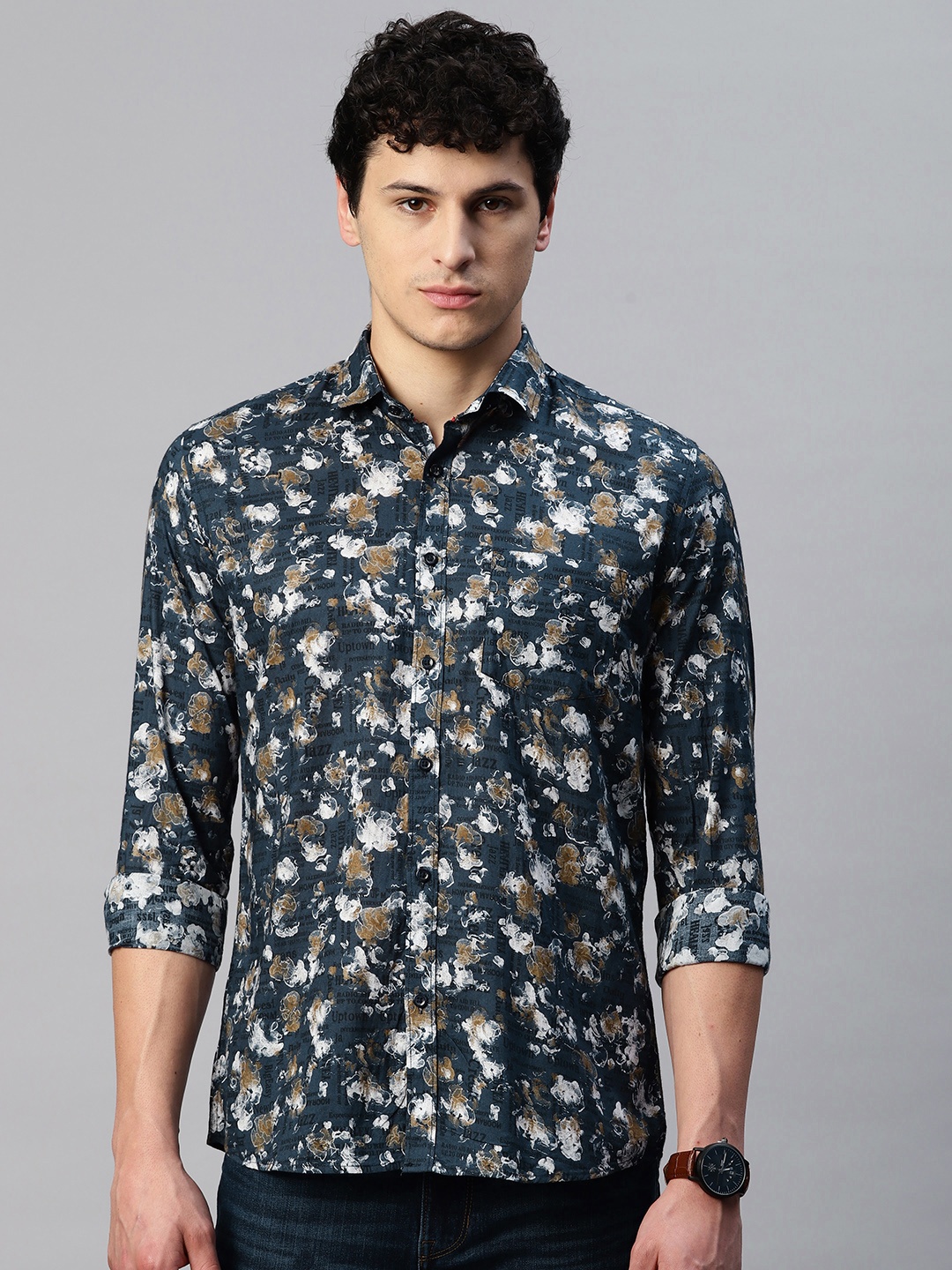 

5TH ANFOLD Men Slim Fit Printed Casual Shirt, Navy blue