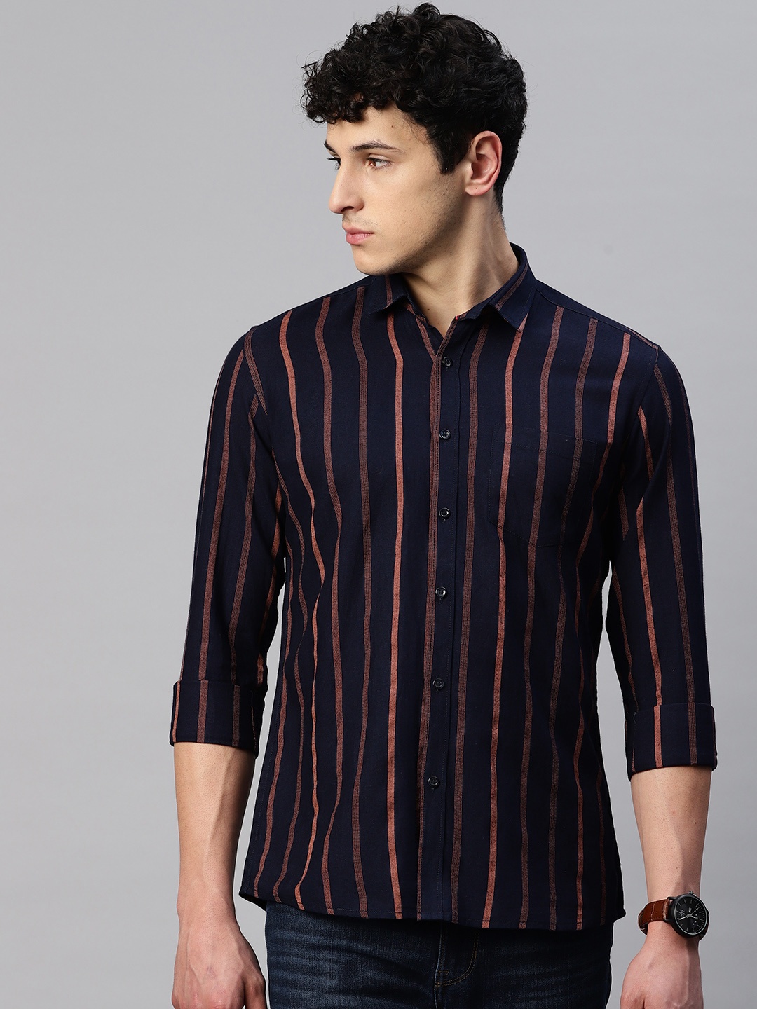 

5TH ANFOLD Men Slim Fit Horizontal Stripes Casual Shirt, Navy blue