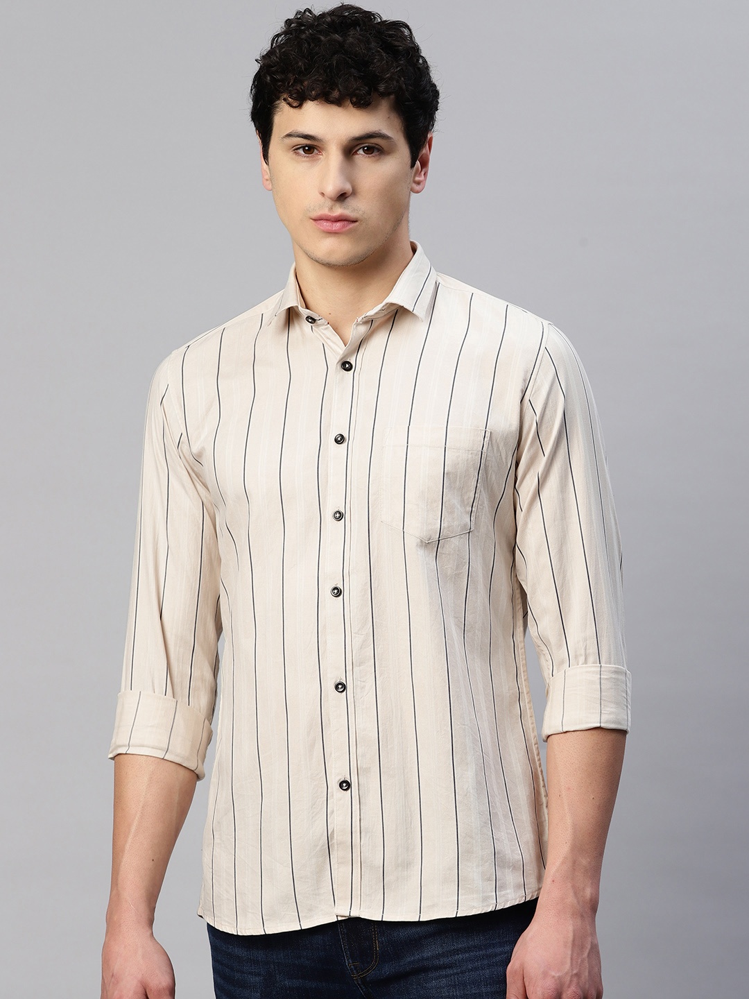 

5TH ANFOLD Men Slim Fit Striped Casual Shirt, Cream