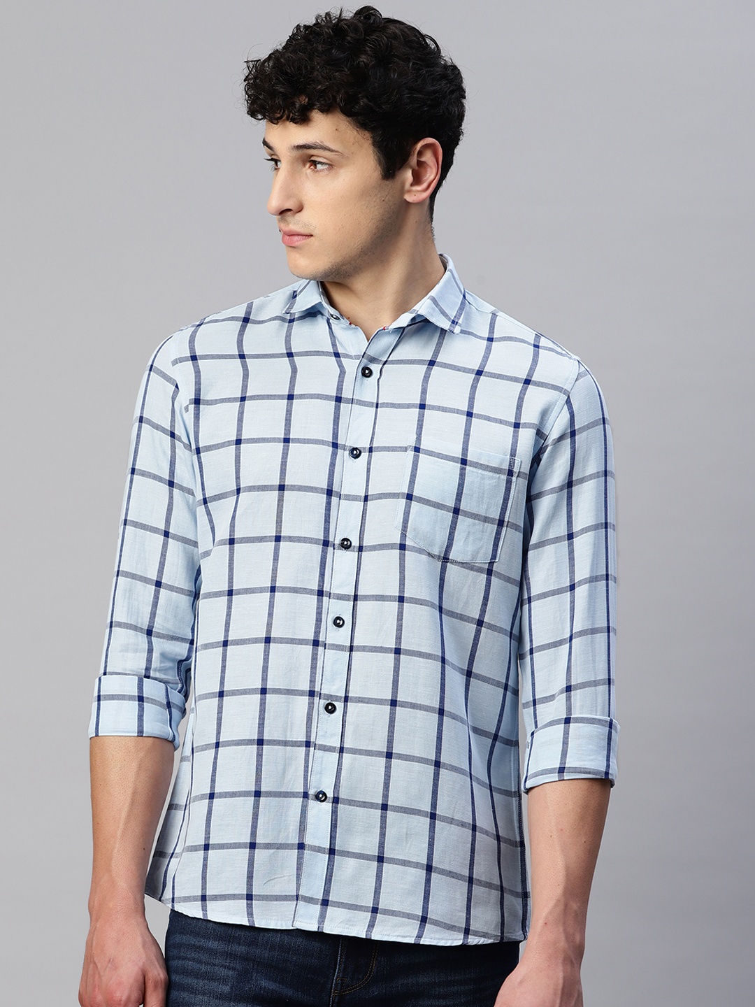 

5TH ANFOLD Men Slim Fit Windowpane Checks Casual Shirt, Blue
